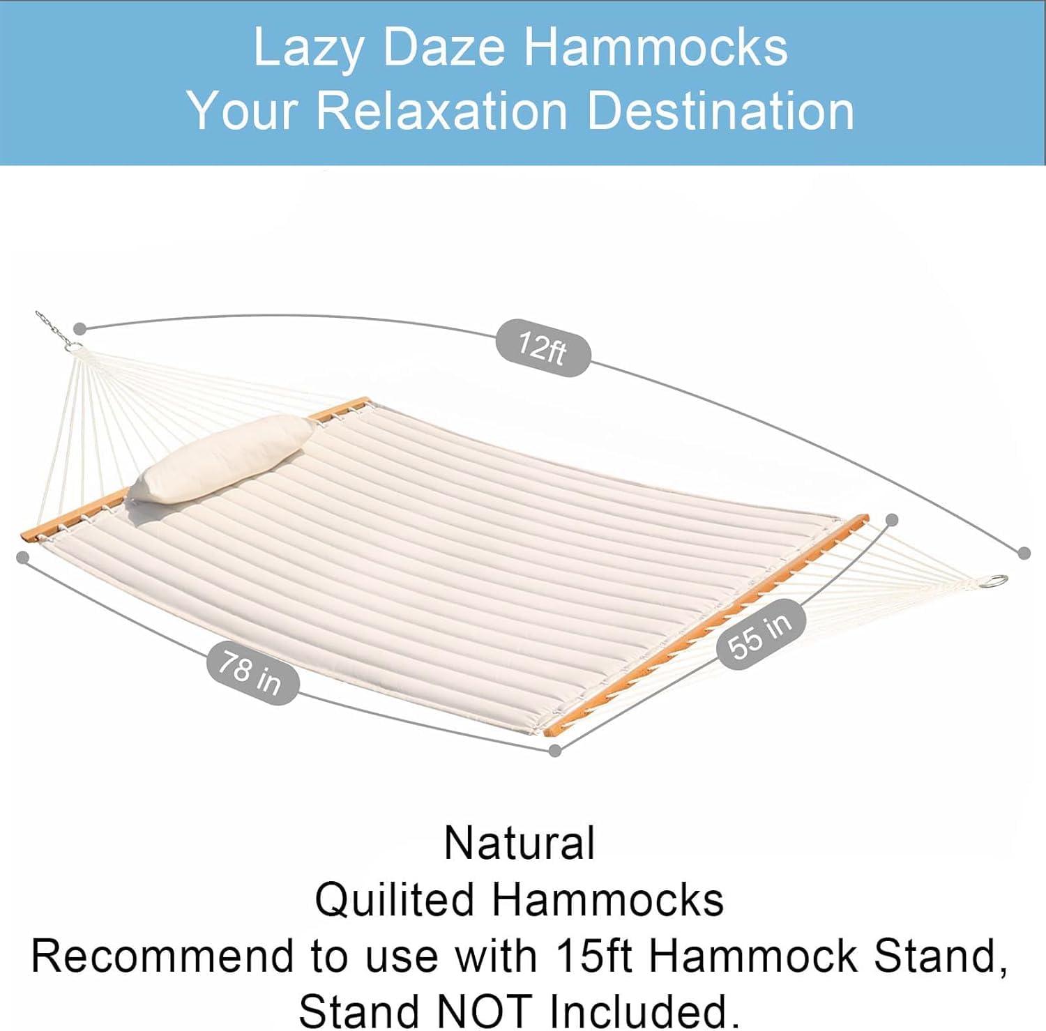 Lazy Daze Hammocks 12 FT Double Quilted Fabric Hammock with Spreader Bars and Detachable Pillow, 2 Person Hammock for Outdoor Patio Backyard Poolside, 450 LBS Weight Capacity, Natural - Image 3
