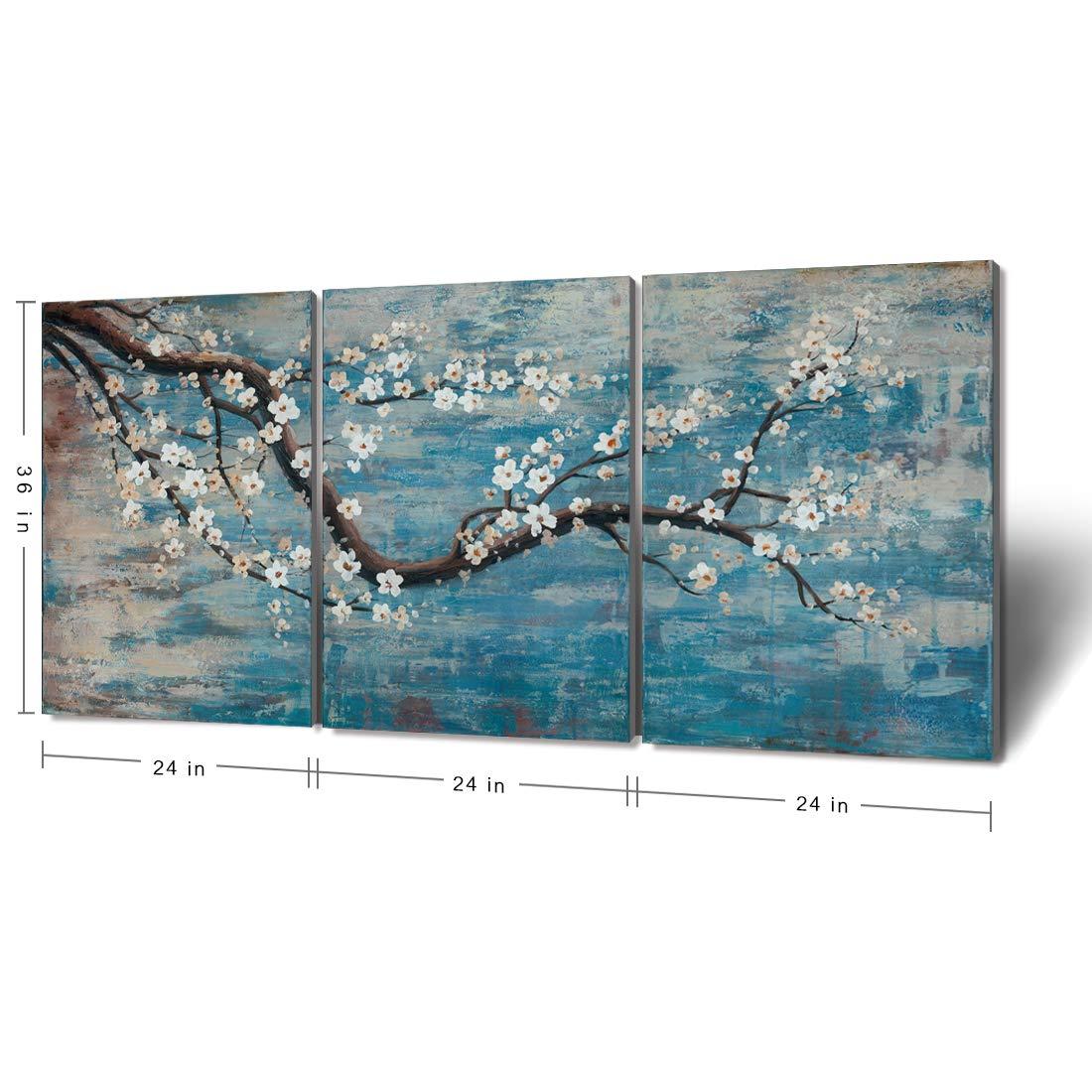 amatop Extra Large Wall Art for Living Room 100% Hand-Painted Framed Decorative Plum Floral Oil Painting Set Decorative Modern Blue Tree Artwork Ready to Hang - Image 2
