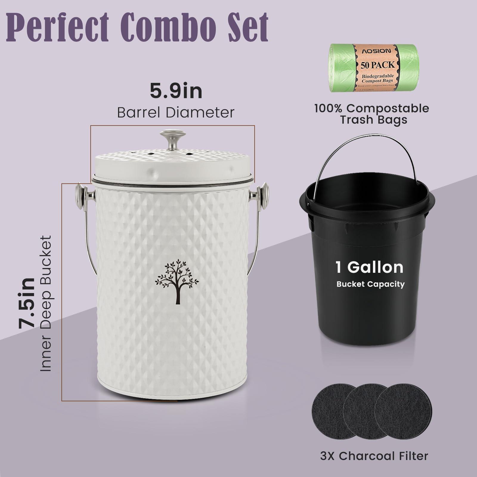 AOSION Countertop Compost Bin Kitchen,Odorless Indoor Compost Bin with Lid and Compost Bags,Compost Bucket Composter Container for Food Waste,Creamy White - Image 3