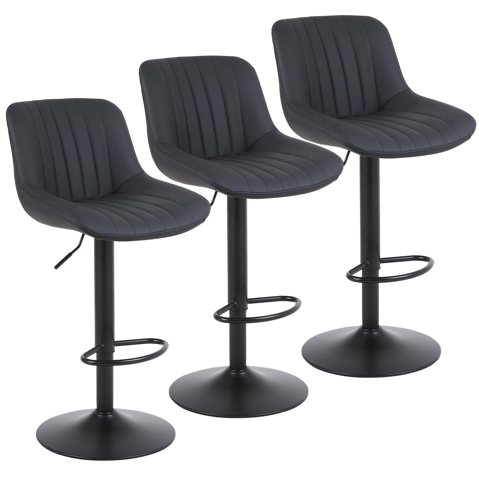 Youhauchair Bar Stools Set of 3, Swivel Counter Height Barstools with Back, Adjustable PU Leather Bar Chairs, Modern Armless Kitchen Island Stool, Black