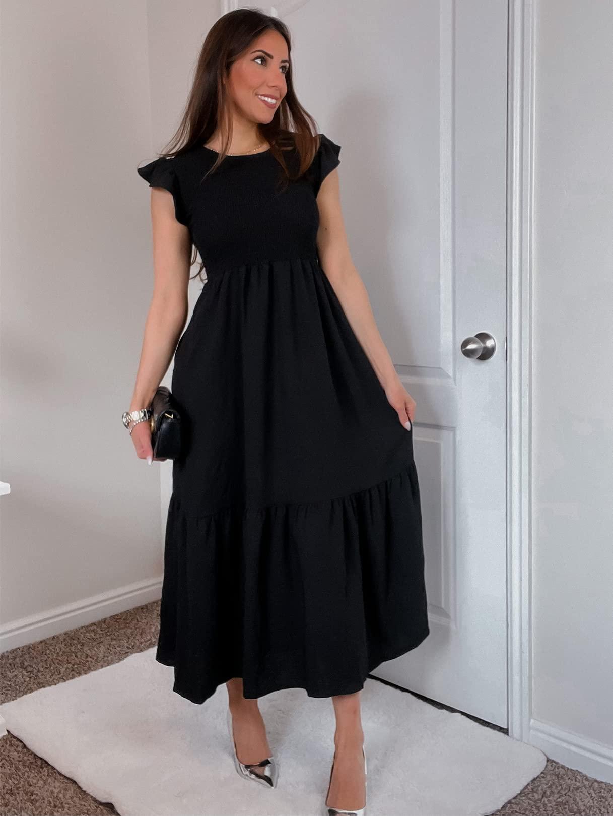 OFEEFAN Women's Casual Maxi Dresses with Pockets Ruffle Sleeve Smocked Dress XS-2XL - Image 2