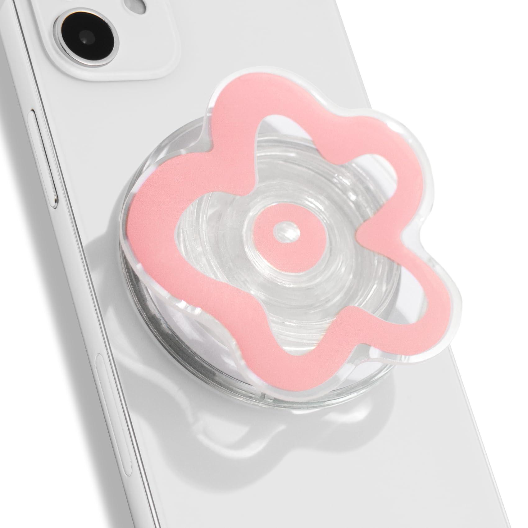 OnTheGrip Cute Transparent Daisy Flower Shape Design Mobile Phone Grip Compatible with Magsafe Multi Functional Collapsible Stand Holder for Smartphone Tablet Cell Phone Accessory (Pink)
