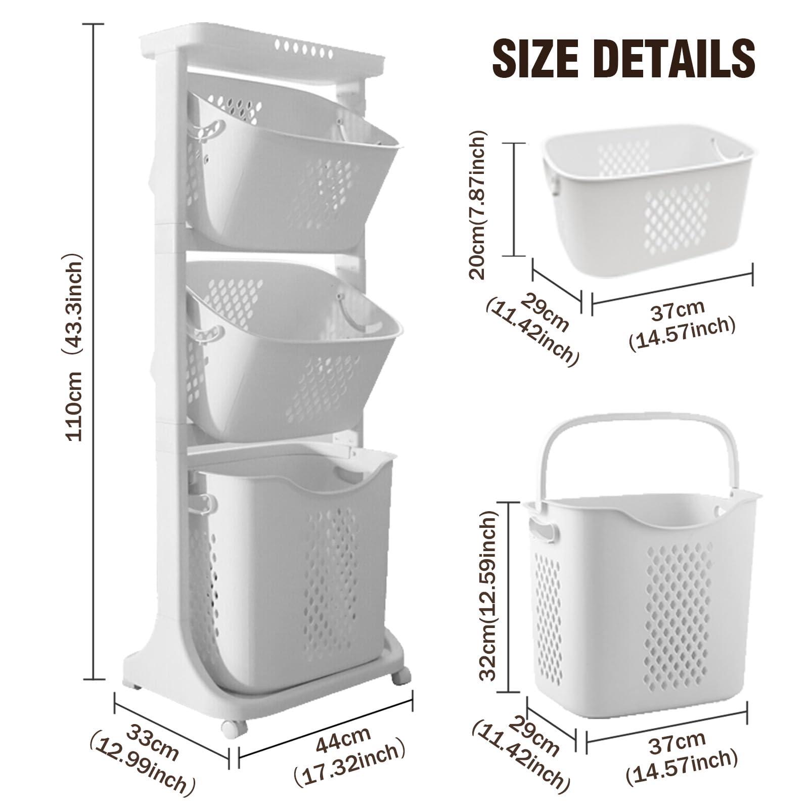 BAOKALER Rolling Laundry Hamper Cart with Wheels, 3 Tier White Laundry Baskets, Clothes Hamper with Portable Storage Baskets for Kitchens, Bathrooms, Bedrooms, Classrooms, Laundry Rooms - Image 3
