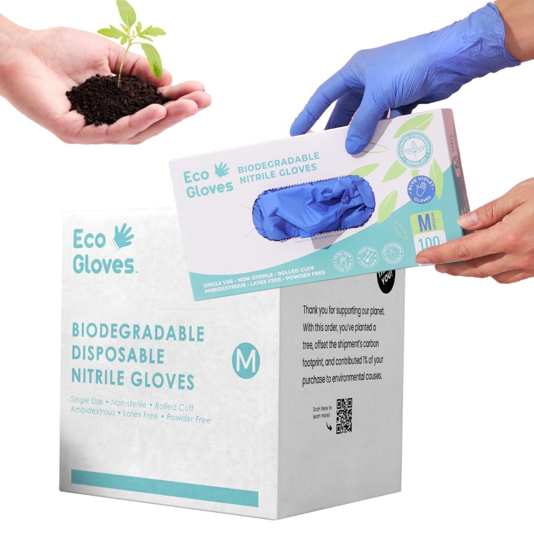 Eco Gloves Biodegradable BLUE VIOLET Nitrile Disposable Gloves, 4 Mil, Powder Free, Latex Free, Food Safe,Tattoo, Cleaning