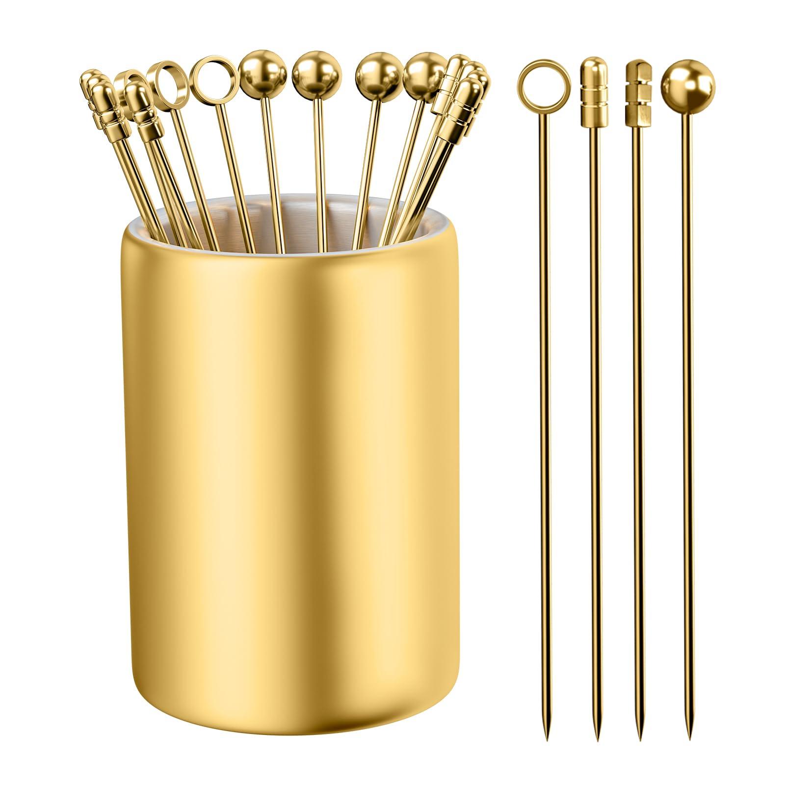 Metal Cocktail Picks 16Pack+Holder Kit, 304 Stainless Steel Cocktail Toothpicks, Reusable Cocktail Skewers, Garnish Picks Bloody Mary Skewers, Metal Martini Picks for Olives Appetizers Fruit