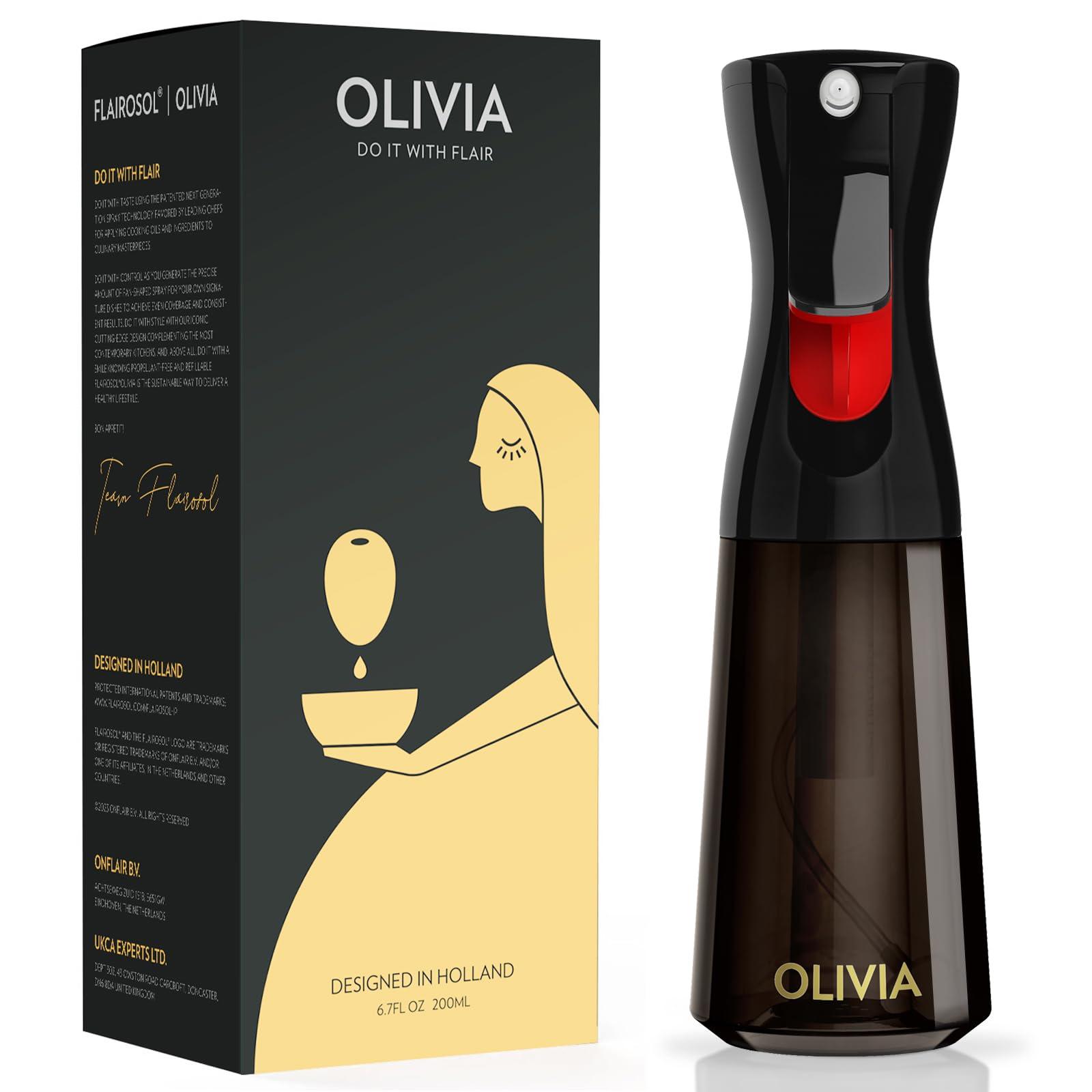 FLAIROSOL OLIVIA Oil Sprayer for Cooking, 200ml Glass Olive Oil Sprayer, Continuous Cooking Spray Dispenser with Portion Control for Kitchen, Air Fryer, Salad, BBQ (Black Bottle, Gold Print)