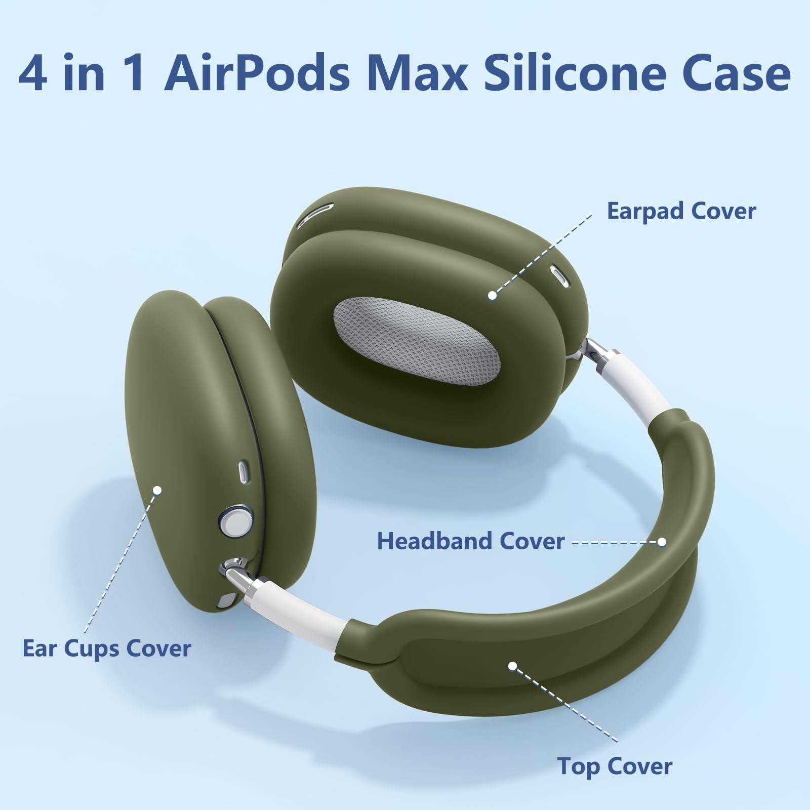 [4 in 1]Silicone Case Cover for AirPods Max USB-C (2024),Anti-Scratch Sweat-Proof Ear Pad Case Cover/Ear Cups Cover/Headband Cover Accessories Silicone Protector for AirPods Max Headphones(Army Green) - Image 4