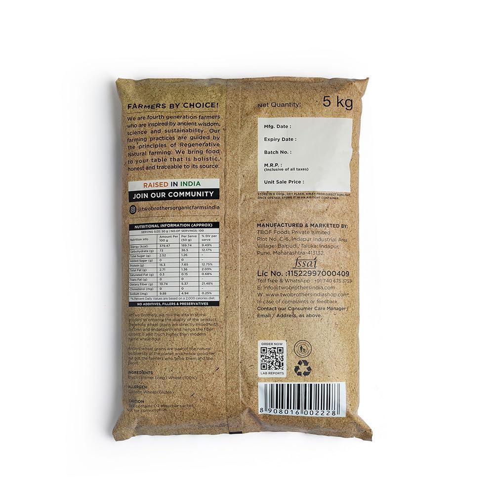 Two Brothers Organic Farms - Khapli Wheat Flour (5kg) | Low-Gluten Wheat Flour | High Dietary Fiber for Easy Digestion | Stoneground Emmer | Khapli Atta | Organic Atta (Pack of 1 kg x 5) - Image 2