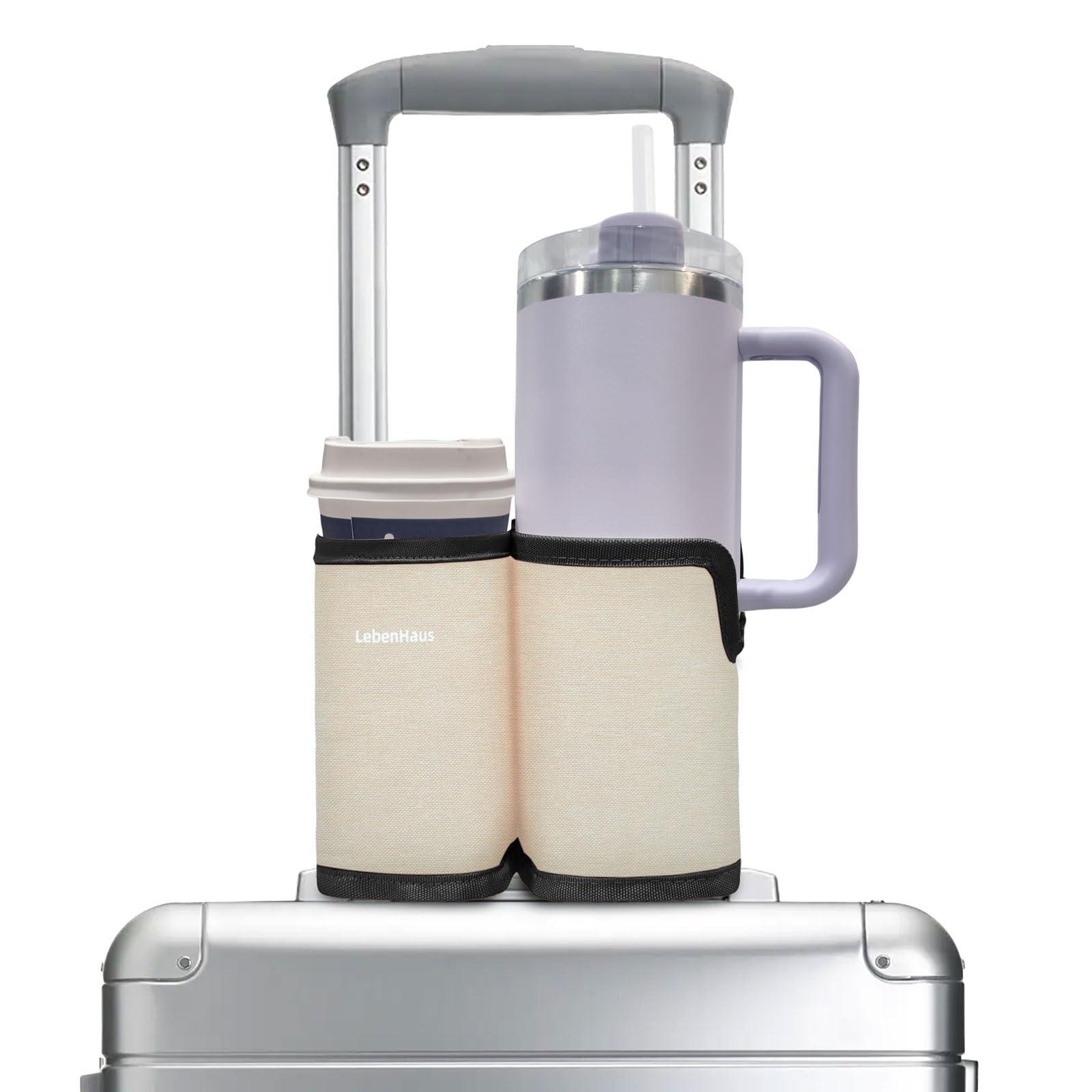 LebenHaus 2 in 1 Luggage Cup Holder for Suitcase|Airplane Tray Table Carry on Hands Free Drink Carrier for Stanley Tumblers Coffee Beverage Organizer Gifts for Travelers(Off-White)