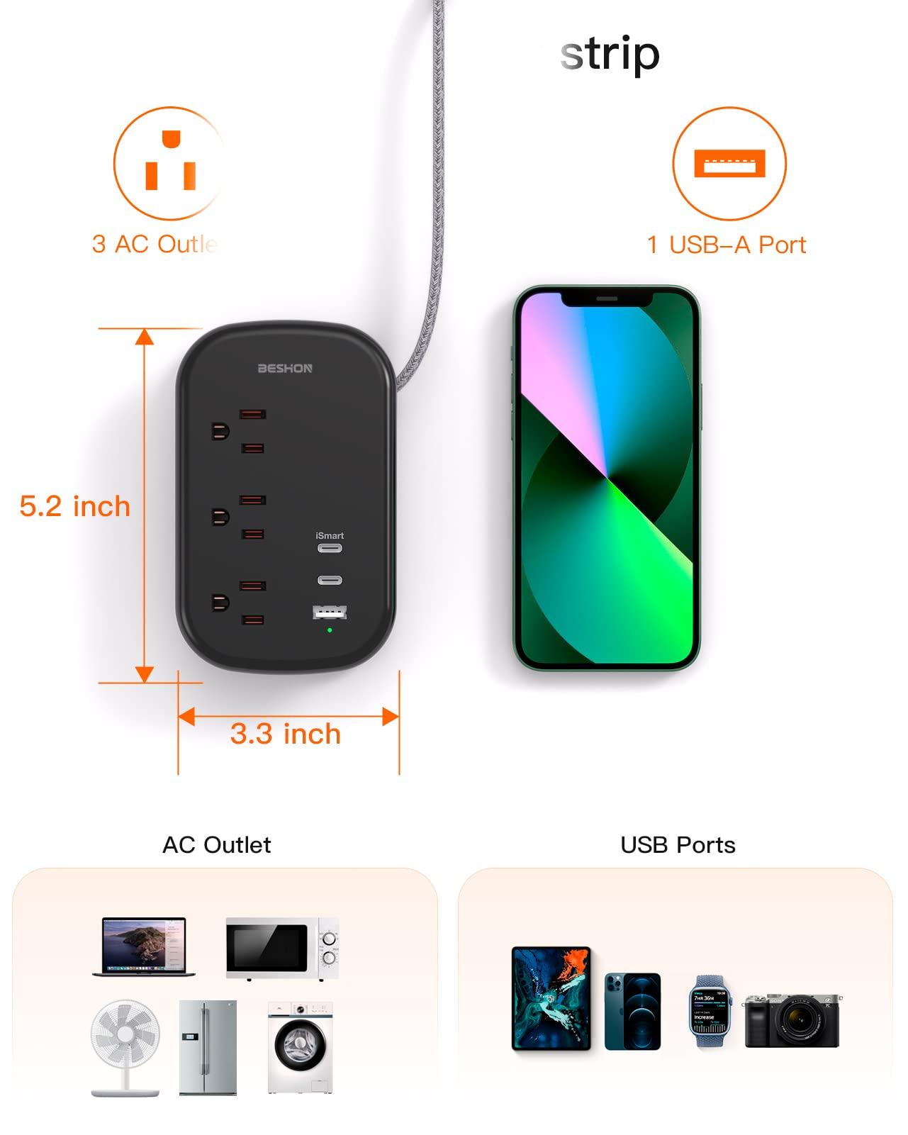 USB C Travel Power Strip, BESHON Ultra Flat Extension Cord, Flat Plug Power Strip, 3 Outlets with 3 USB Ports(2 USB C), 3.2ft Wrapped Around Extension Cord for Cruise Ship, Travel Essentials, Black - Image 5