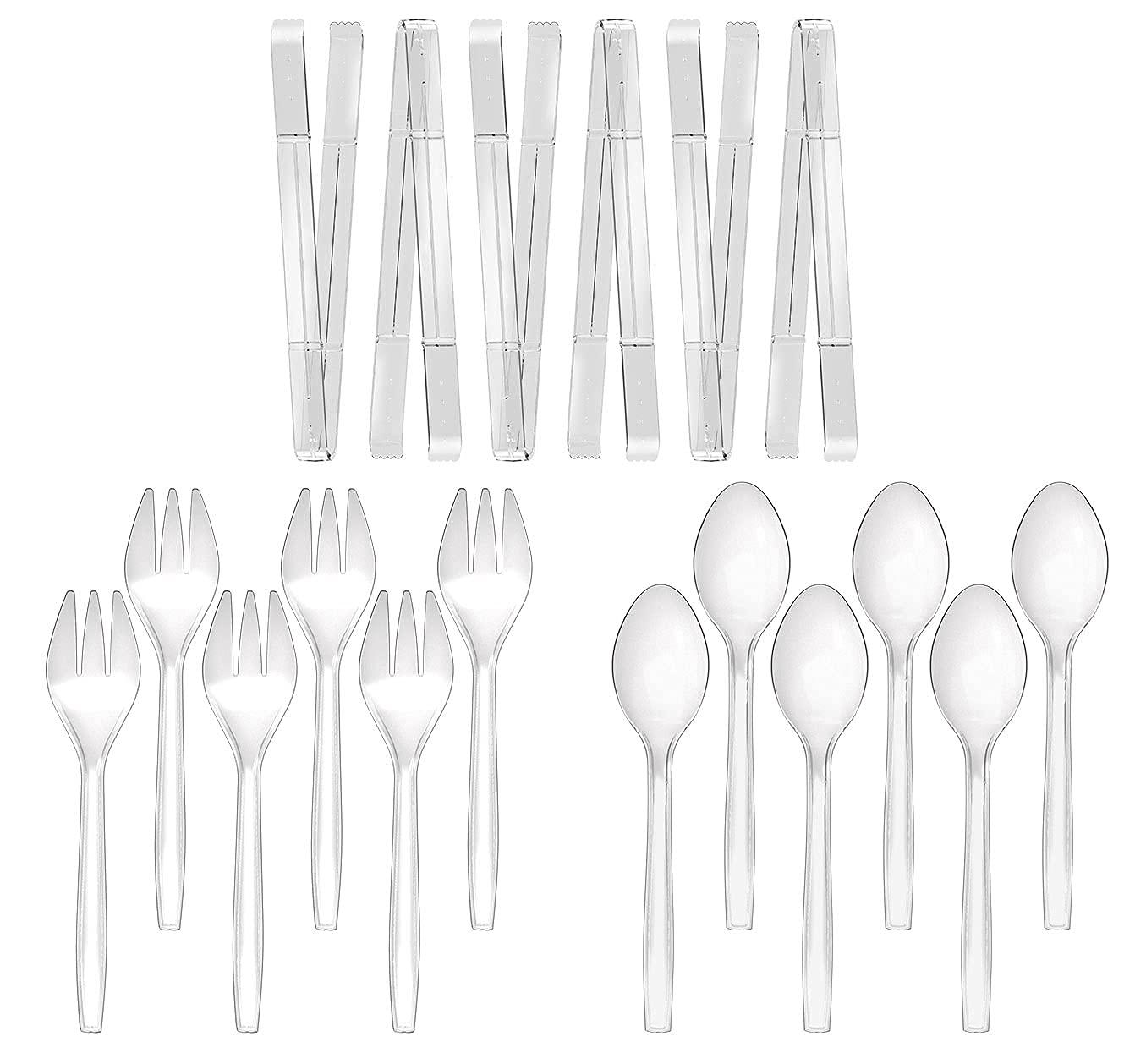 Plastic Serving Utensils, 9" Clear Disposable Utensils 18 Pack, 6 Serving Tongs, Spoons, Forks