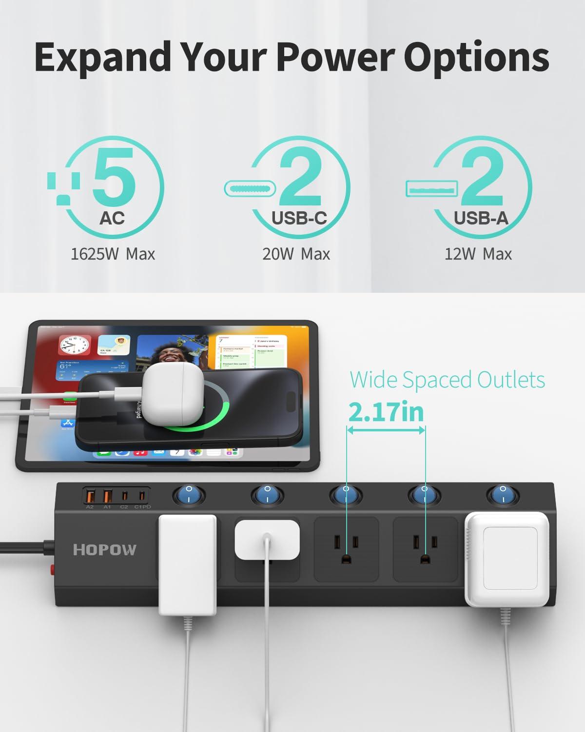 HOPOW Flat Plug Power Strip with Individual Switches, 10 Ft Ultra Thin Flat Extension Cord, 5-Outlet Surge Protector with 2 USB-C (20W PD) & 2 USB-A, 1700 Joules, Wall Mount for Home Office, Black - Image 3