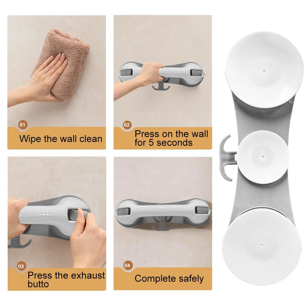 2 Pack Grab Bars for Bathtubs and Showers with 3 Suction Cups, Heavy Duty Handle Removable Handrails for Seniors and Elderly, Bathroom Safety Grip No Drilling Waterproof, Grey (Gray) - Image 5