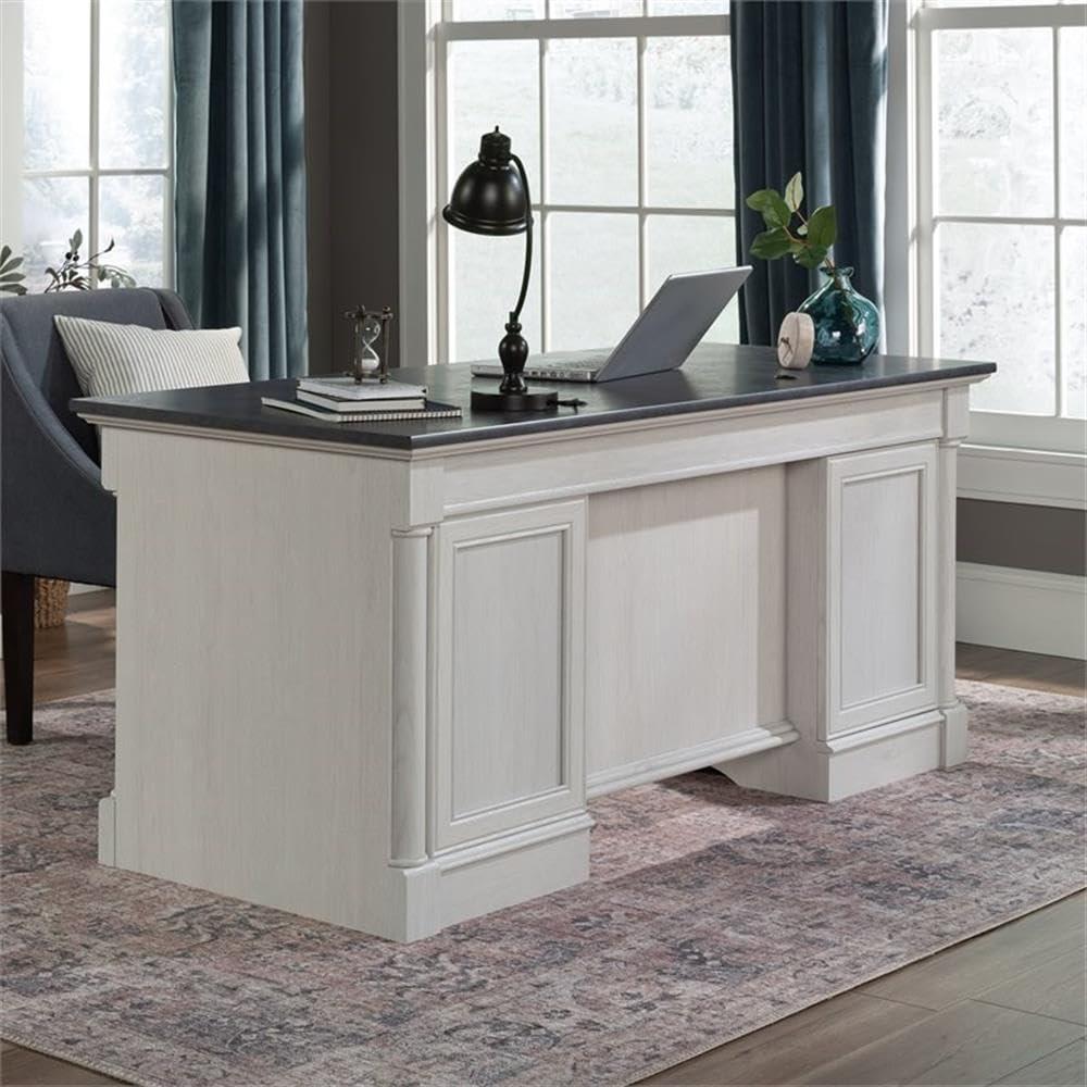 Sauder Palladia Office Desk with Drawers, Executive Desk with File Cabinet Storage, Cable Management, Keyboard Tray, in Glacier Oak Finish - Image 7