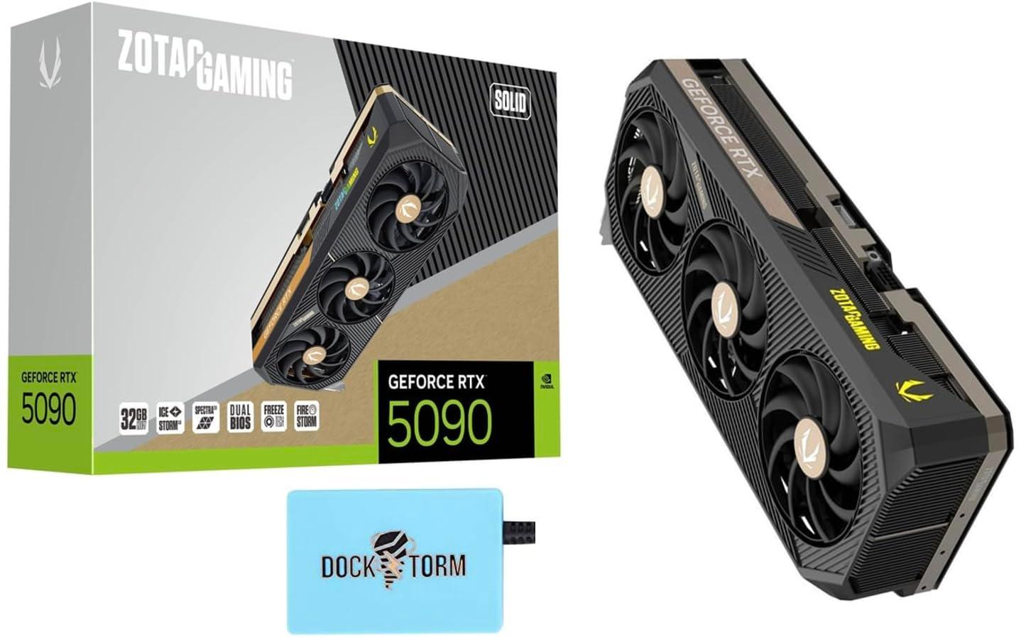 ZOTAC Gaming GeForce RTX 5090 Solid 32 GB GDDR7 GPU-IceStorm 3.0 Advanced Cooling, 34% Larger Vapor Chamber, BladeLink Fans, Reinforced Metal Mid-Frame, Dual BIOS, Bundle with Dockztorm