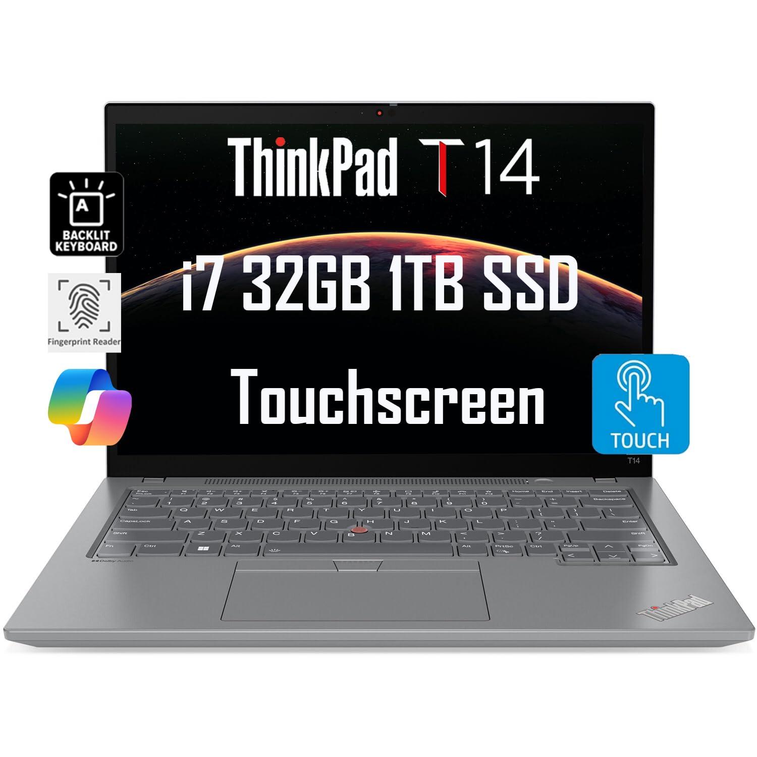 Lenovo ThinkPad T14 Gen 4 Business Laptop (14" FHD+ Touchscreen, Intel 10-Core i7-1355U, 32GB DDR5, 1TB SSD), Backlit, Fingerprint, 3-Year Warranty, 1080p IR Webcam, Wi-Fi 6E, Win 11 Pro w/AI Copilot