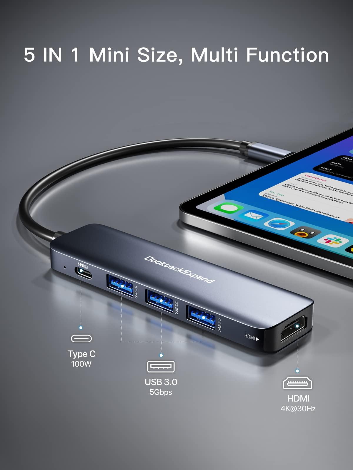 USB C HUB, DockteckExpand USB-C Multiport Adapter 5 in 1 with 4K HDMI, 100W Power Delivery, 3 USB 3.0 Data Ports for MacBook Pro/Air, iPad Pro/Air/Mini 6 and More - Image 2