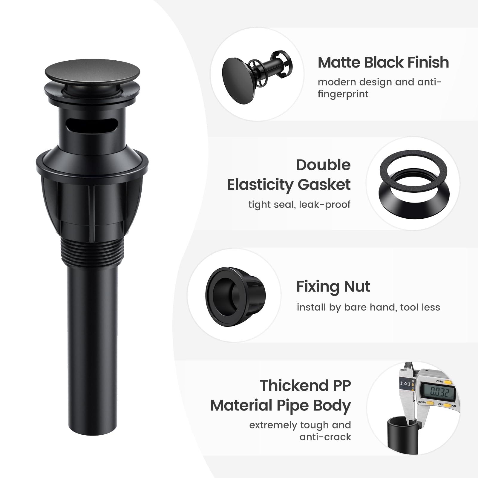 Bathroom Sink Drain with Overflow, Hurran Matte Black Universal Bathroom Sink Stopper for Bathroom Vanity Vessel Sink, Rapid Draining Plastic Pop-up Sink Drain with Hair Catcher Anti-Clog Strainer - Image 6
