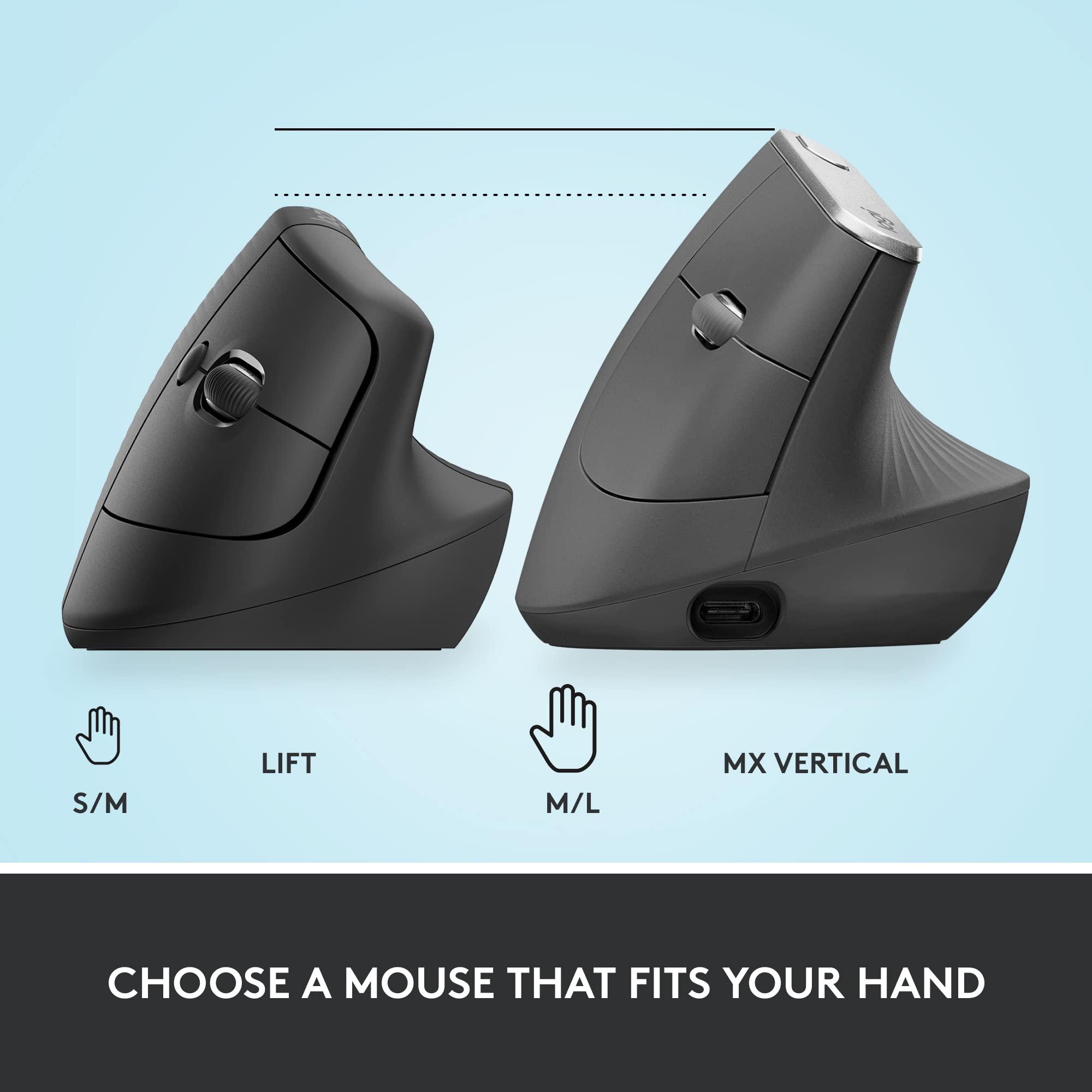 Logitech Lift Vertical Ergonomic Mouse, Wireless Bluetooth or USB Receiver, Quiet Clicks, 4 Buttons, Right Hand Wireless Mouse, Windows/macOS/iPadOS, Laptop, PC - Graphite - Image 10