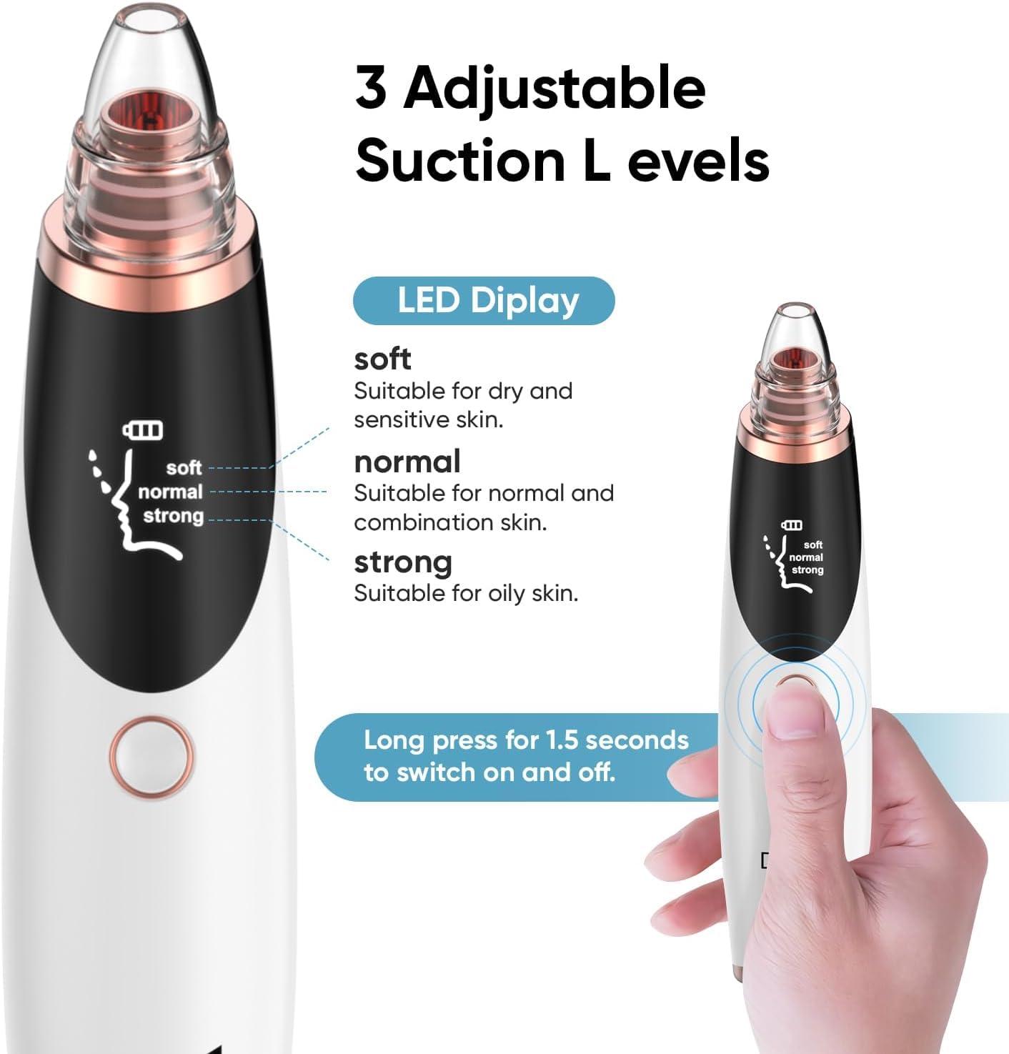 Blackhead Remover Vacuum - Black Head Remover for Face, Blackhead Extractor Tool with 65kPa Suction, 5 Tips & 3 Levels, USB Rechargeable Pore Vacuum Cleaner for All Skin Types (White) - Image 6