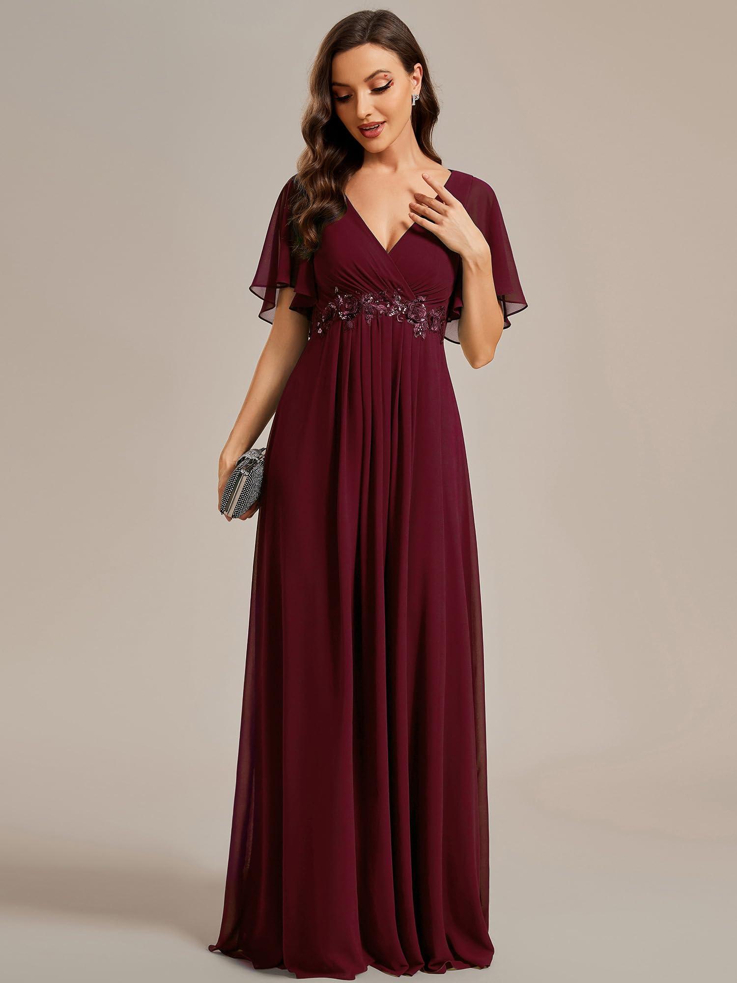 Ever-Pretty Women's Chiffon A-Line Ruched Short Sleeves Applique Waist V Neck Formal Dresses and Evening Gowns - Image 4