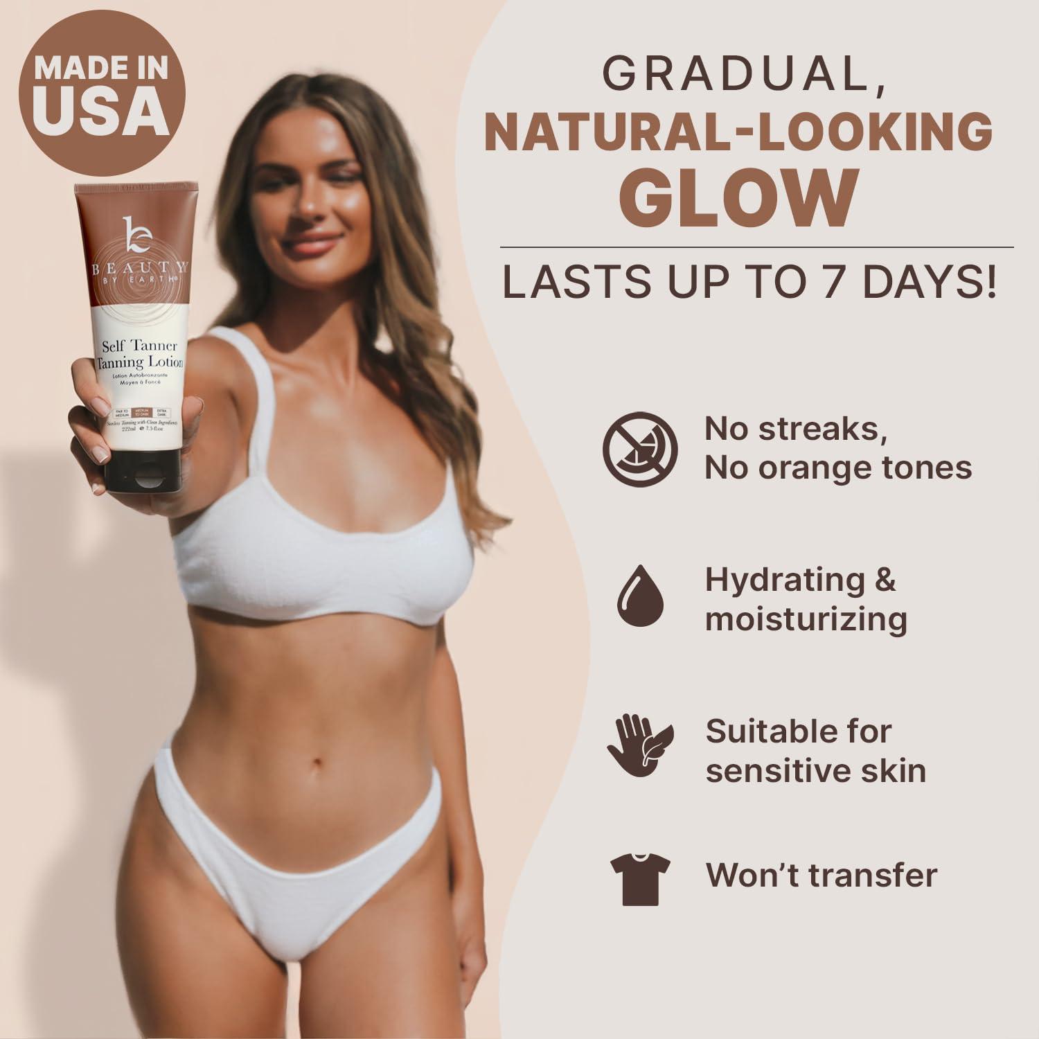 Beauty by Earth Self Tanner - USA Made with Natural & Organic Ingredients, Moisturizing Self Tanning Lotion with Aloe Vera & Coconut for a Natural Glow, Streak-Free Fake Tan, Medium to Dark - Image 4
