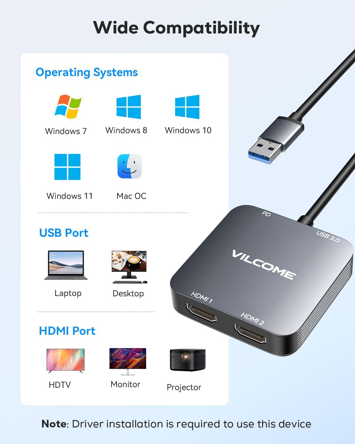 USB to HDMI Adapter, USB 3.0 to Dual HDMI Adapter with USB 3.0 Port, Audio Video Graphics Converter Cable for Laptop Monitor Desktop TV, Compatible with Mac OS, Windows - Image 6