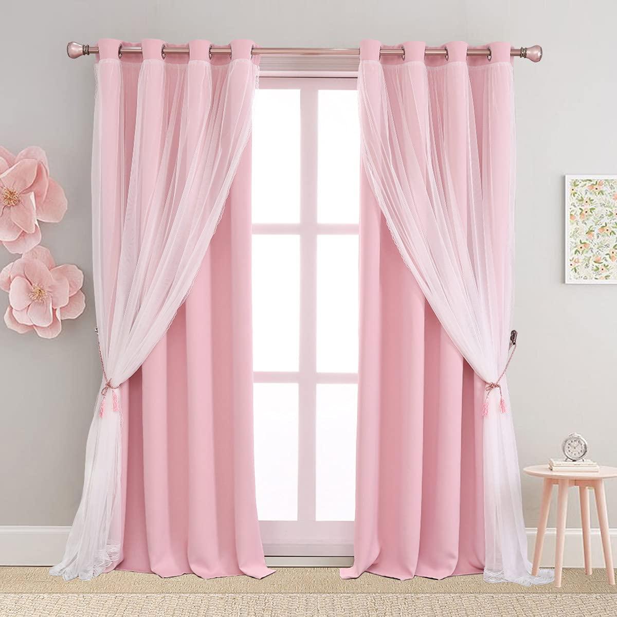 SOFJAGETQ Double Layered Blackout Pink Curtains 2 Panels - Princess Draperies for Girl's Bedroom Living Room Nursery Pink Lace Hem Room Darkening Curtains, 52x84 inches
