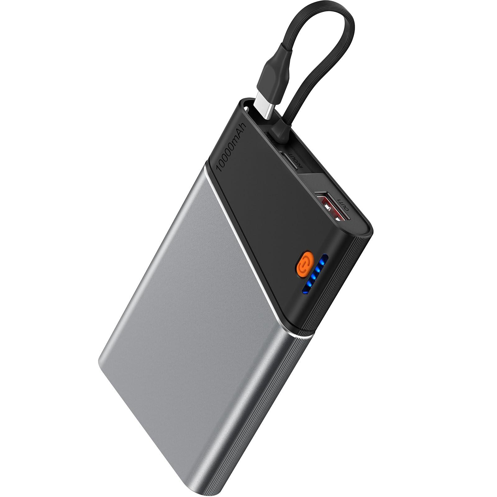 Aaoyun Portable Charger Power Bank, 10000mAh 22.5W PD Super Fast Charging Powerbank with Built-in USB C in&Out Cable, Slim External Phone Battery Pack for iPhone 16/15/14 iPad Samsung S24 Android etc