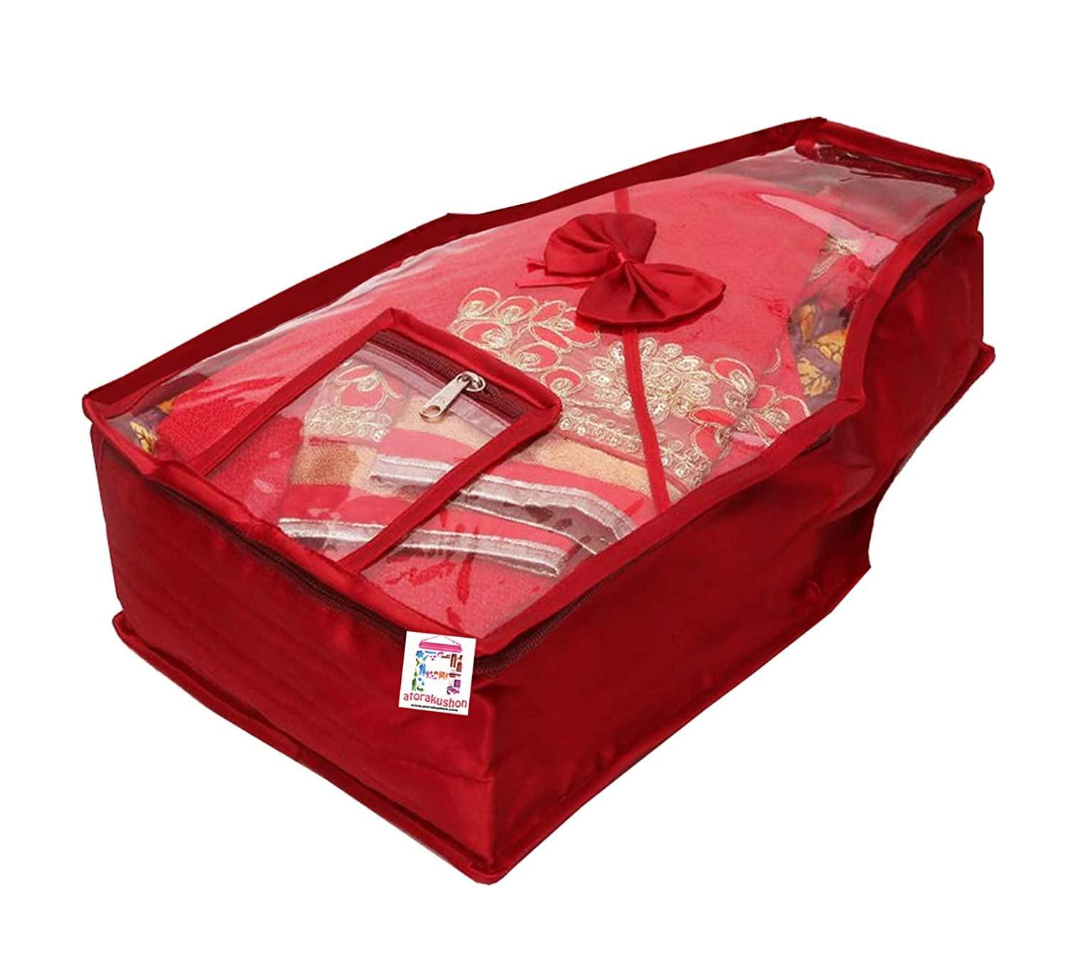 atorakushon Fabric Satin Saree and Blouse Covers Garments Clothes Storage Bag Wardrobe Organizers With Double Zip Lock & Transparent Window Set of 5 Maroon - Image 3