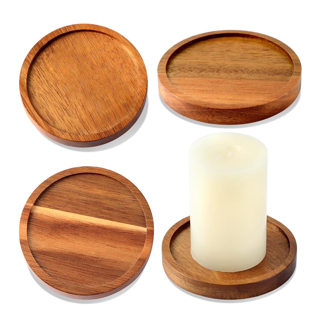 Wood Candle Holder Farmhouse Decor - HALE OTEIR Wooden Pillar Candles Tray for Pillar Floating Candles Set of 4 Round Wooden Plate Pedestal Stand for Coffee Table for Christmas Decor