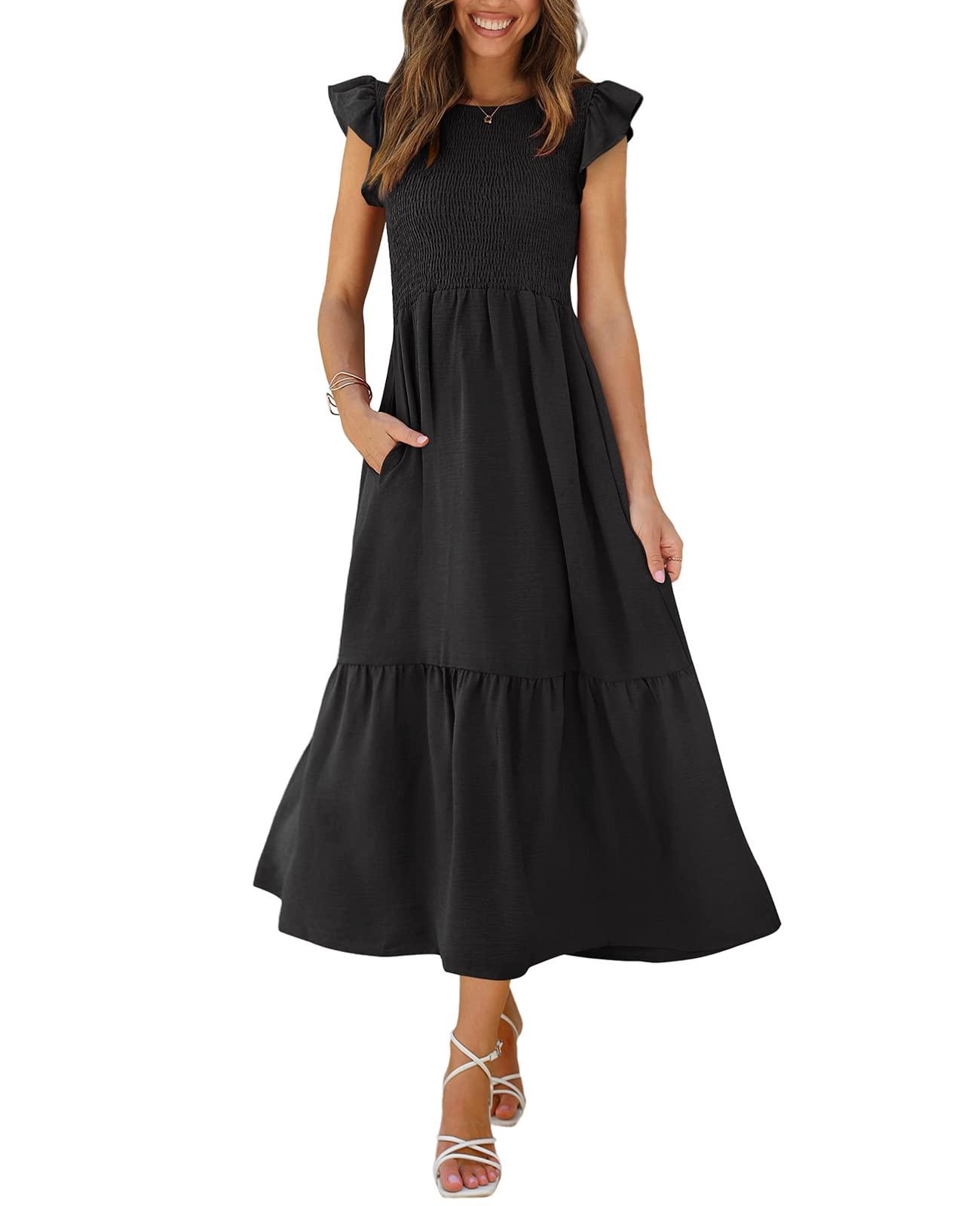 OFEEFAN Women's Casual Maxi Dresses with Pockets Ruffle Sleeve Smocked Dress XS-2XL