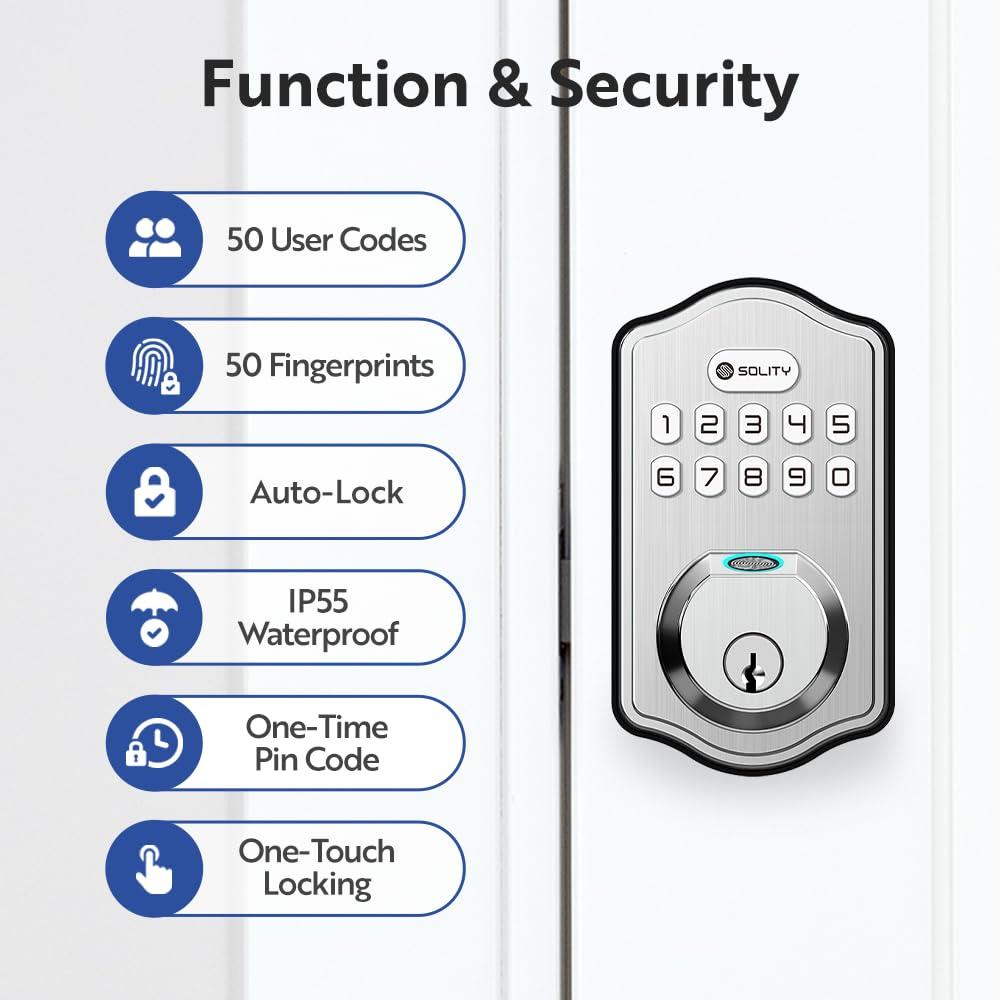 Solity Smart Digital Electronic Deadbolt Door Lock, Keyless Entry, Auto Lock, 50 Custom Codes & Fingerprints, Easy Installation, Keypad for Front & Back Door, AT10 (Satin Nickel) - Image 6