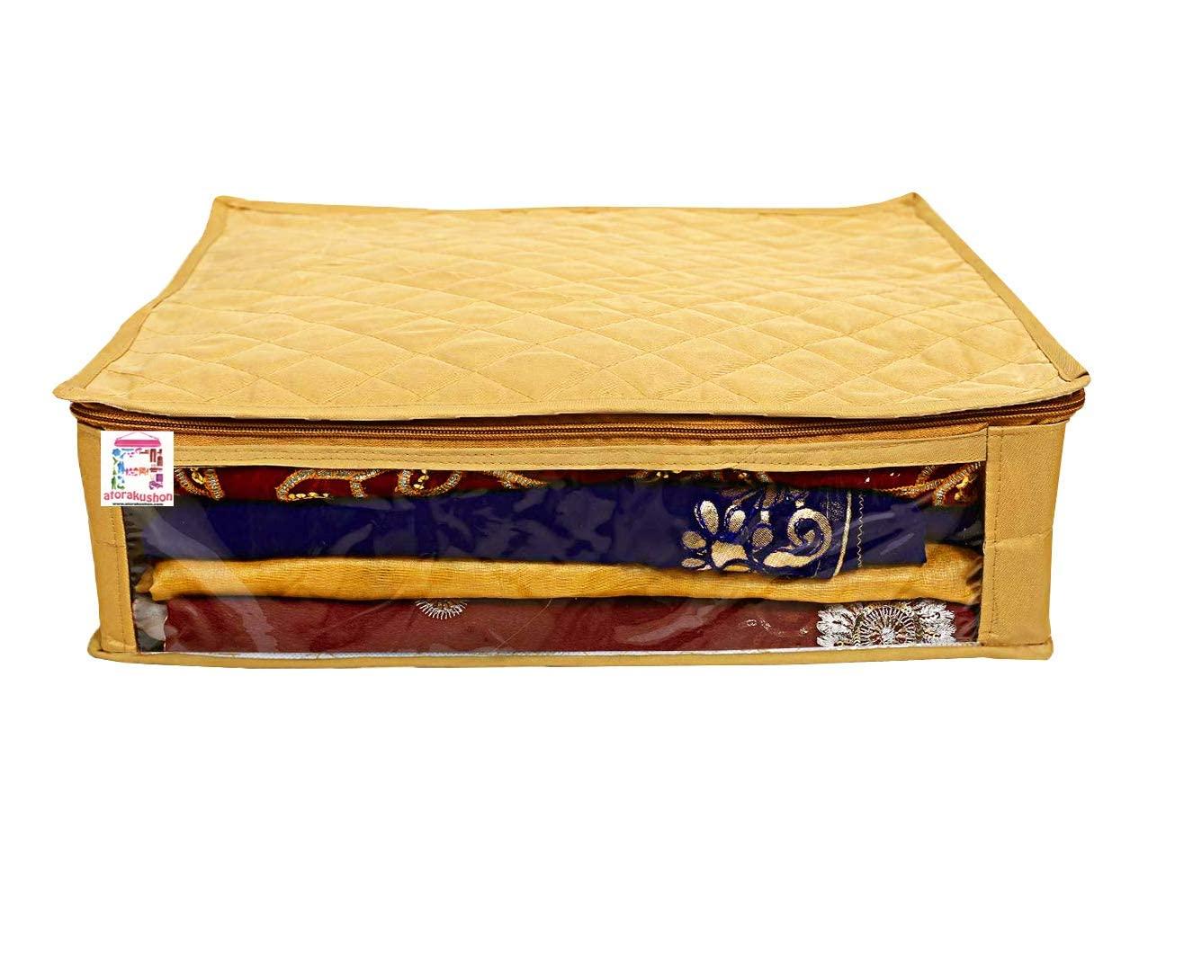 atorakushon Fabric Satin Foldable Saree Covers Garments Clothes Storage Bag Wardrobe Organizers With Double Zip Lock & Transparent Window 4 Pieces Gold - Image 2