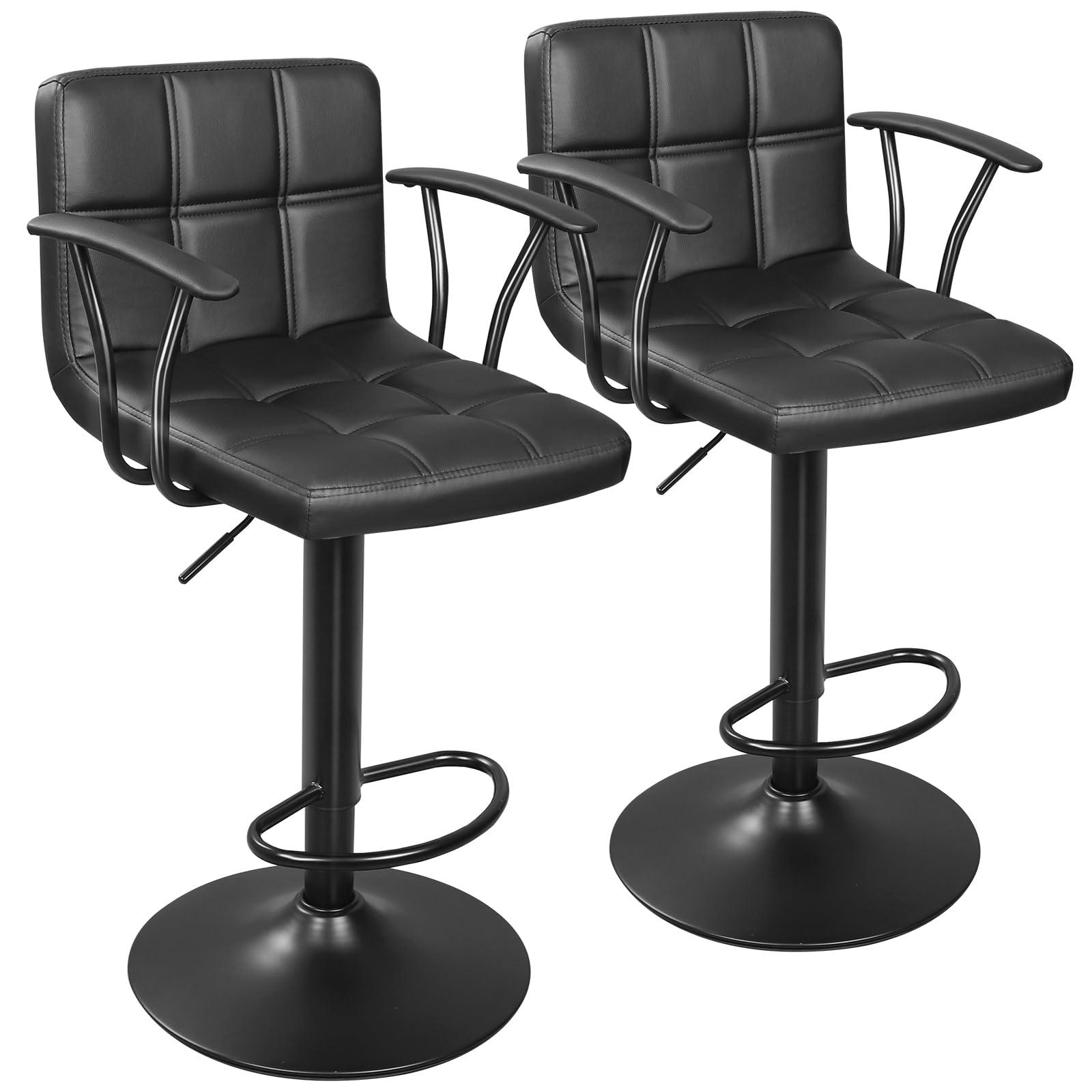 ERGOSEAT Bar Stools Set of 2, Armrest Adjustable Swivel Barstools with Back, Double Needle PU Leather Counter Height Chairs for Kitchen lsland (Black)
