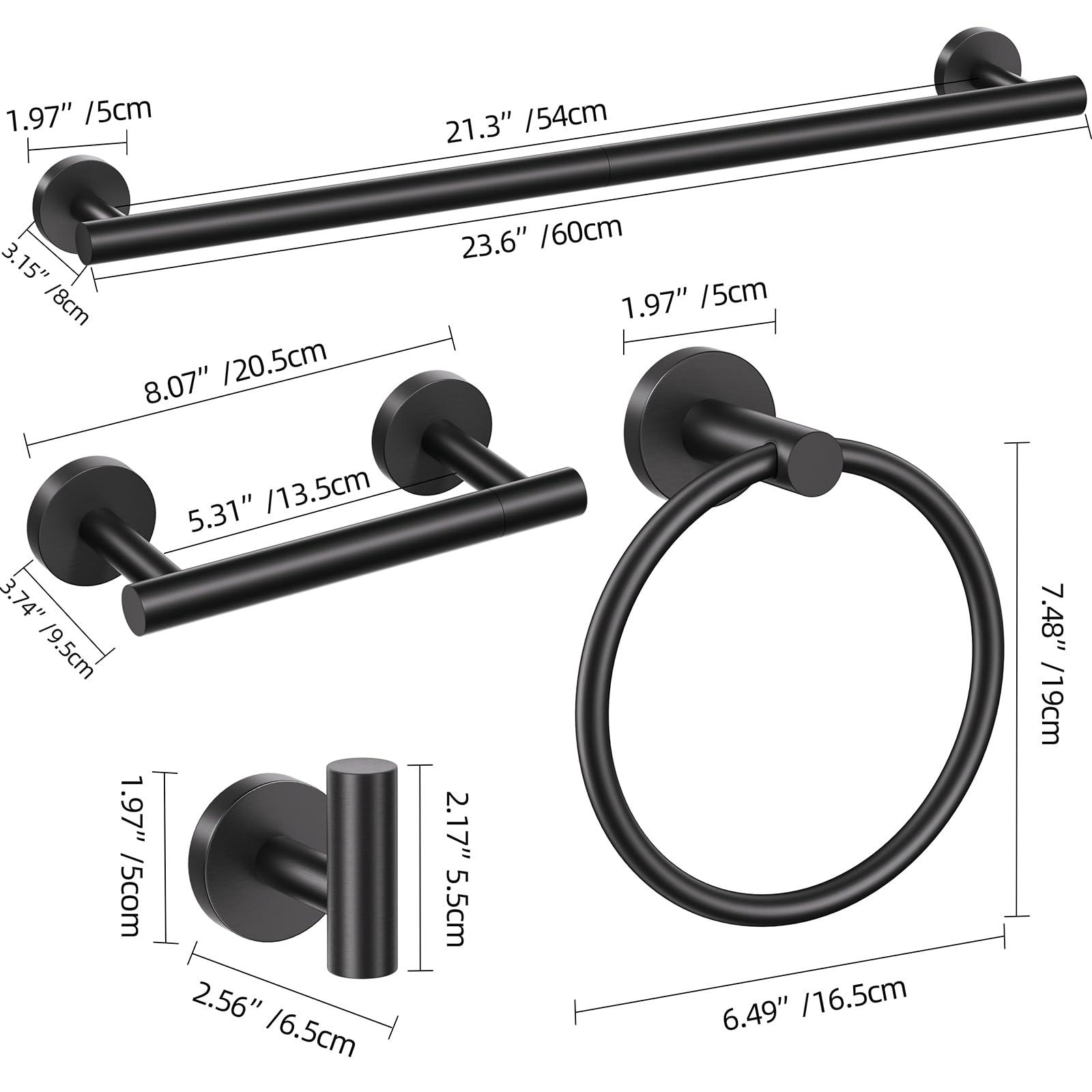 5 Pieces Matte Black Round Towel Bar Set Bathroom Hardware Accessories Set Upgraded Toilet Paper Holder Towel Racks Set for Bathroom Stainless Steel Wall Mounted 23.6 in - Image 3