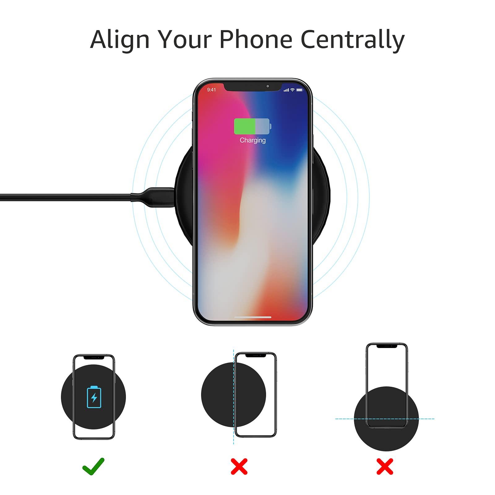 Amazon Basics 15W Qi Certified Wireless Charging Pad for iPhone 16/15/14/13/12/11/X, Samsung and More, with USB Cable, Black - Image 4