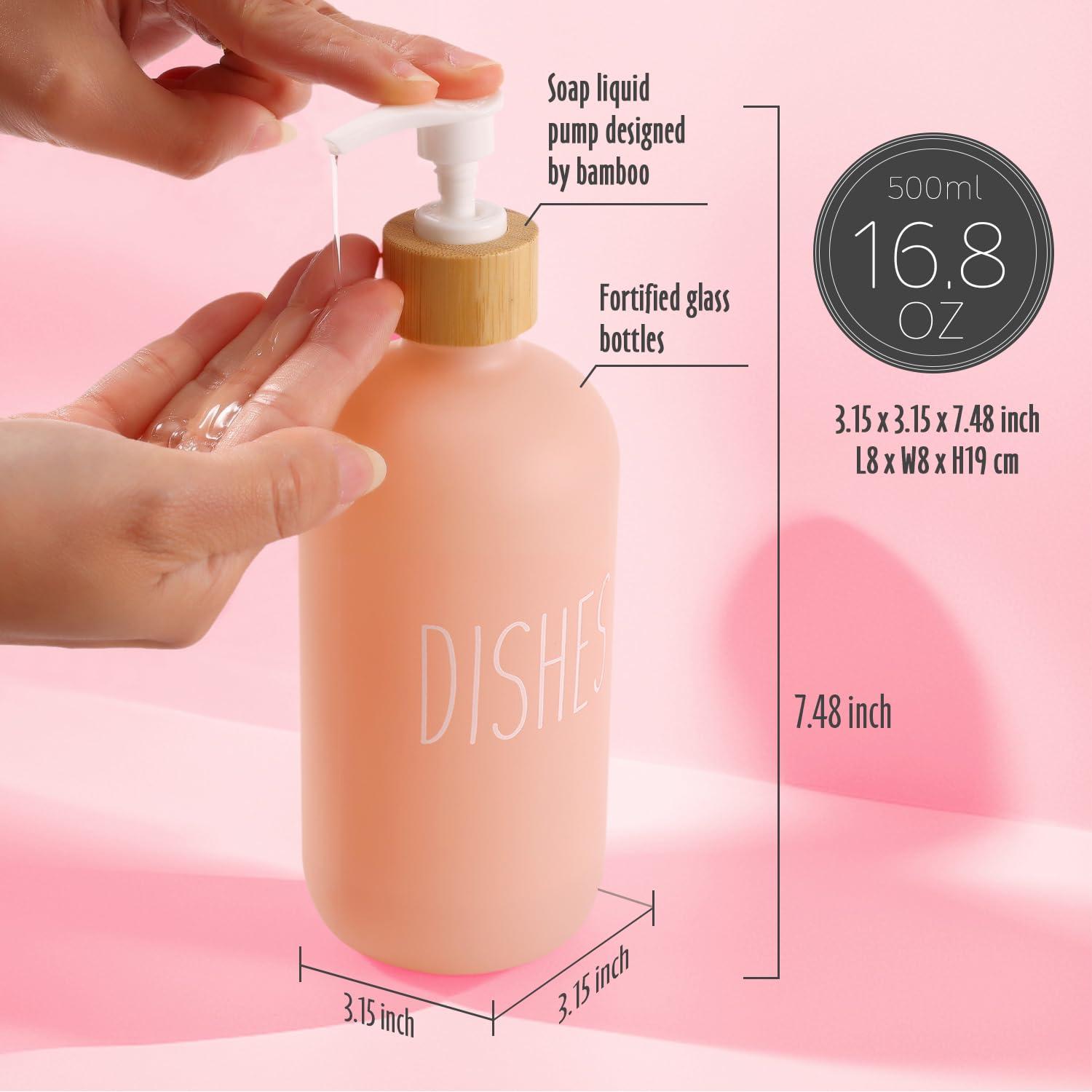 Loochica 2 Pack Blush Pink Glass Soap Dispenser Set with Tray, Hand and Dish Glass Soap Dispensers for Kitchen Sink, Kitchen Soap Dispenser Set Suitable for Kitchen Decor - Image 2