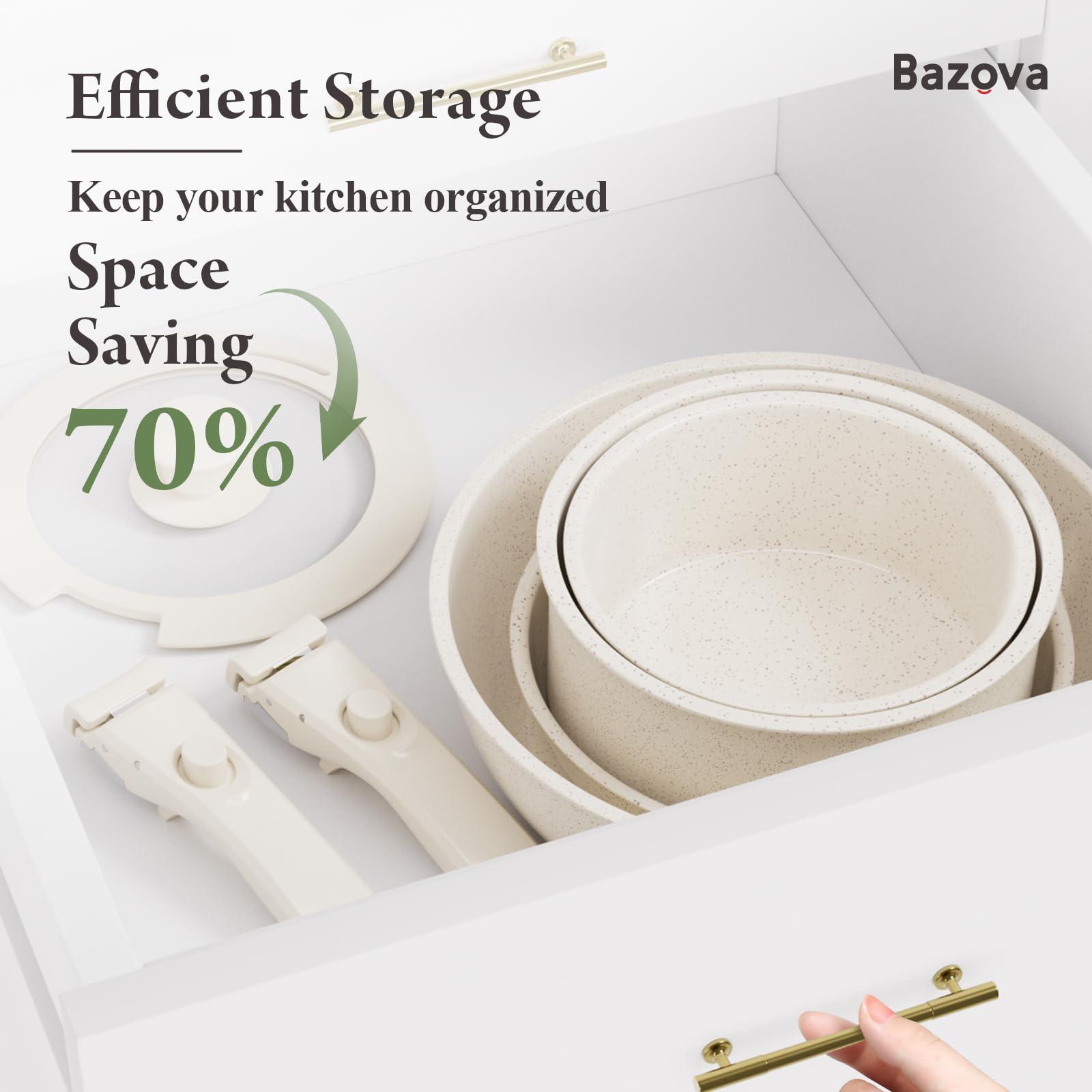 Bazova Ceramic Nonstick Cookware Set, Healthy,Non Toxic,17-Pieces Pots and Pans Set Removable Handles,Induction RV Kitchen Set,Stain & Scratch-resistant,Dishwasher/Oven Safe,PFAS/PFOA Free,Cream White - Image 3