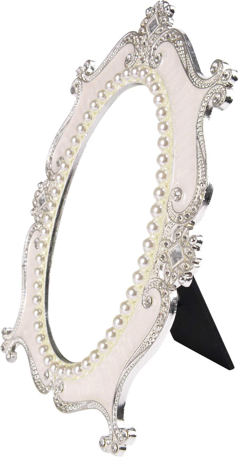 Nerien Decorative Tabletop Oval Mirror Vintage Metal Desktop Mirror with Stand Pearl Floral Frame Makeup Mirror Retro Cosmetic Mirror Countertop Dressing Mirror for Home, Bedroom Decor White-S - Image 2