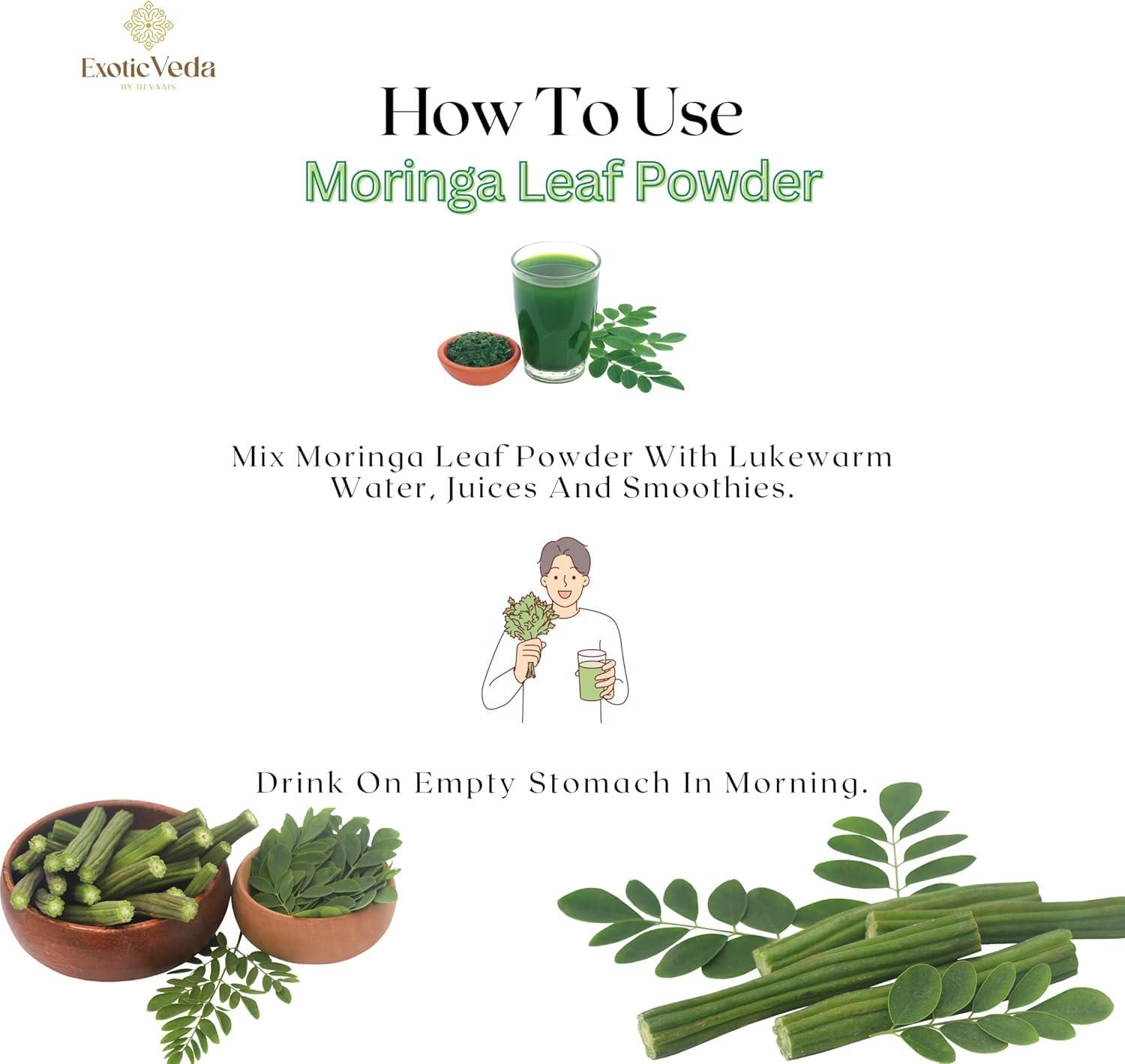 Exotic Veda Premium Quality Moringa Powder (100g/3.52Oz) - 100% Pure, Vegan, Gluten-Free, Non-GMO - Suitable for Smoothies, Baking, Cooking, and Homemade Skincare - Image 4