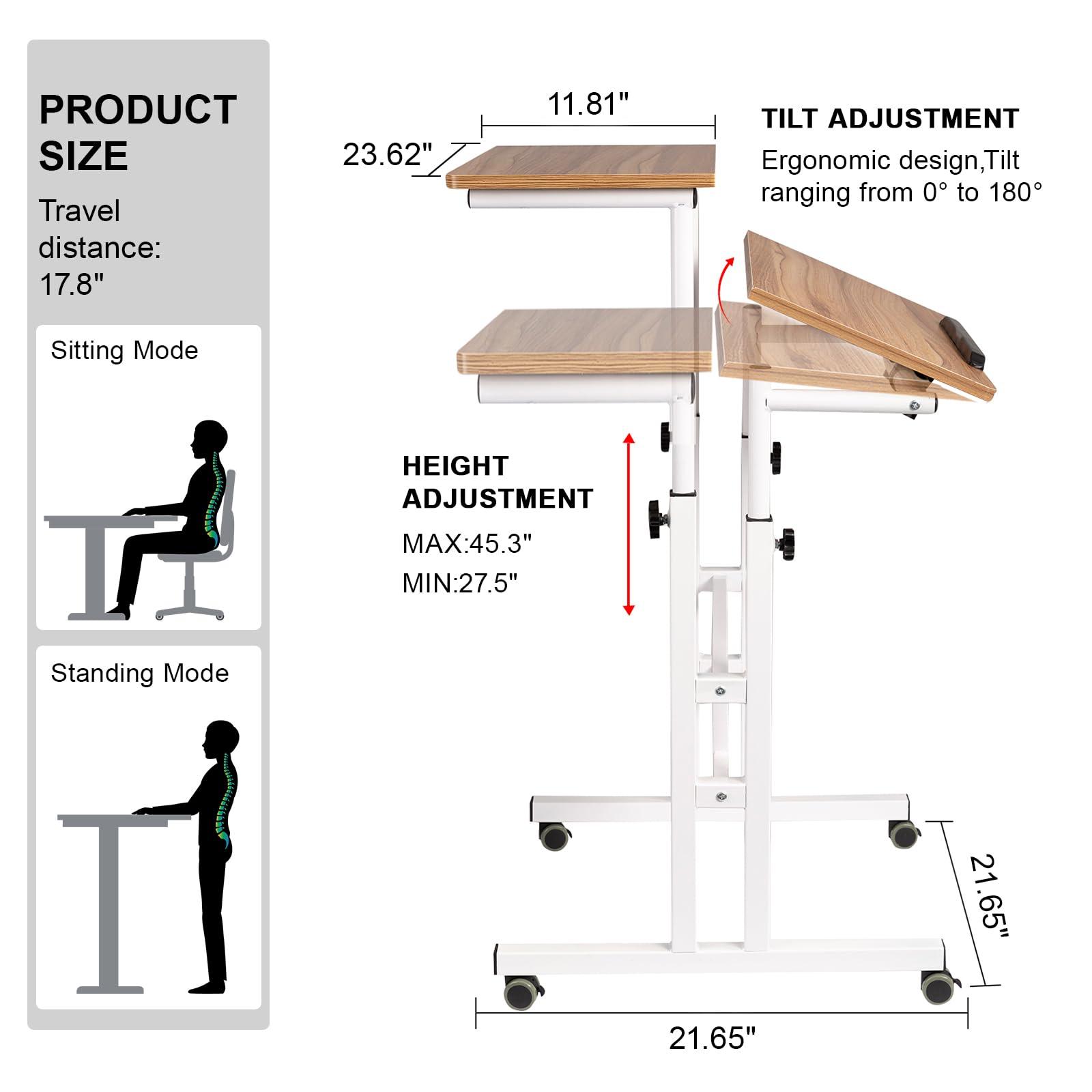 Hadulcet Mobile Standing Desk with Charging Station, Adjustable Computer Desk, Laptop Cart with Wheels for Home Office, Classroom - Vintage Oak - Image 2