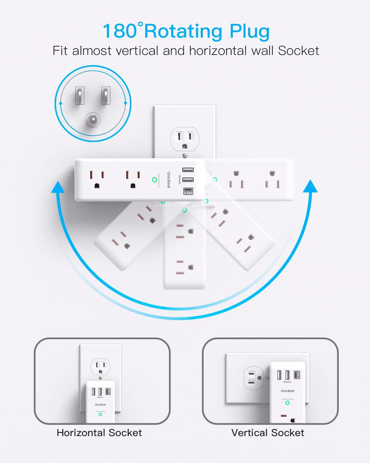 Surge Protector Outlet Extender with Rotating Plug - One Beat 6 AC Multi Plug Outlet with 3 USB Ports (1 USB C), 1800J Wall Charger, 3-Sided Power Strip Spaced Outlet Splitter for Home Office Travel - Image 3