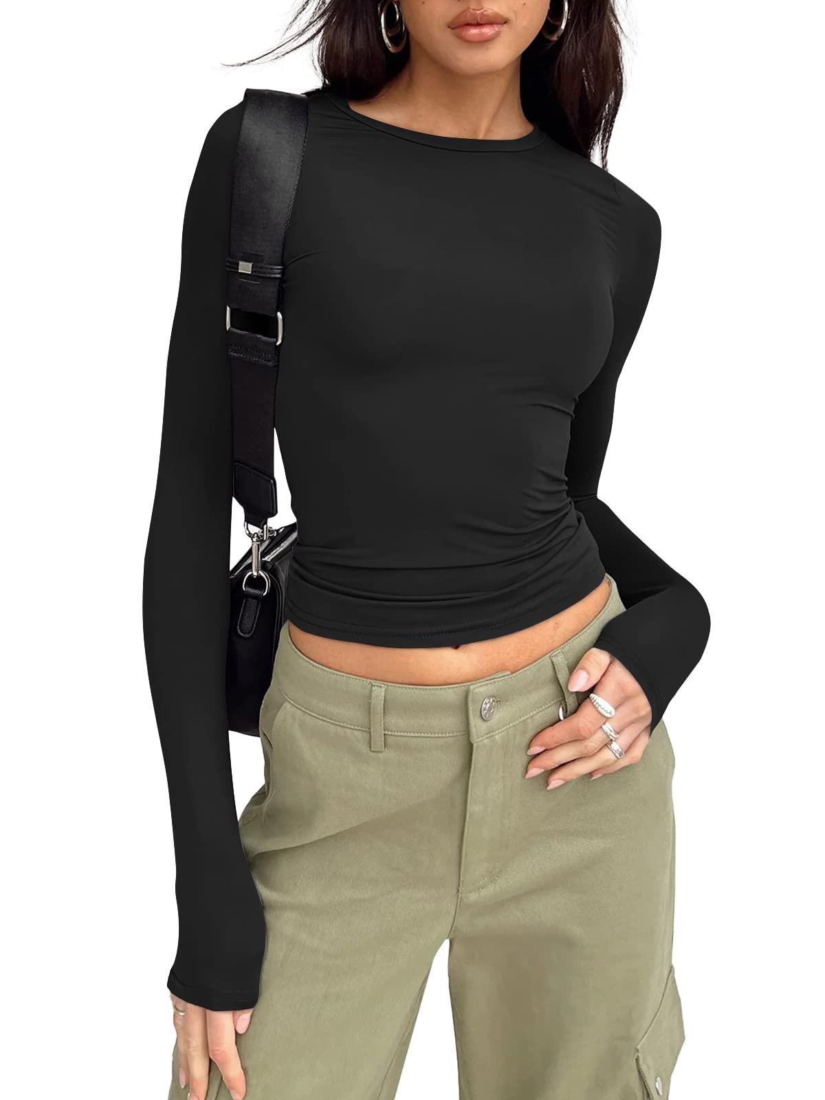 Trendy Queen Womens Long Sleeve Shirts Basic Tees Crop Tops Going Out Spring 2025 Workout Outfits Y2k Clothes