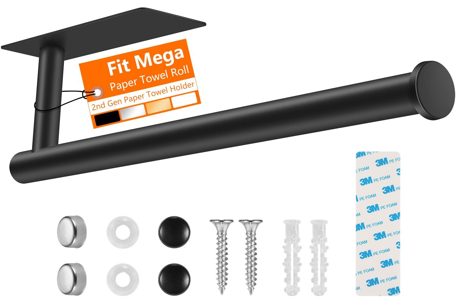 2nd Gen Paper Towel Holder Under Cabinet, [More Sturdy] Self Adhesive or Drilling Paper Towel Holder Wall Mount for Kitchen, RV, [Fit Mega Paper Towel Roll] SUS304 Stainless Steel(Pack of 1, Black)
