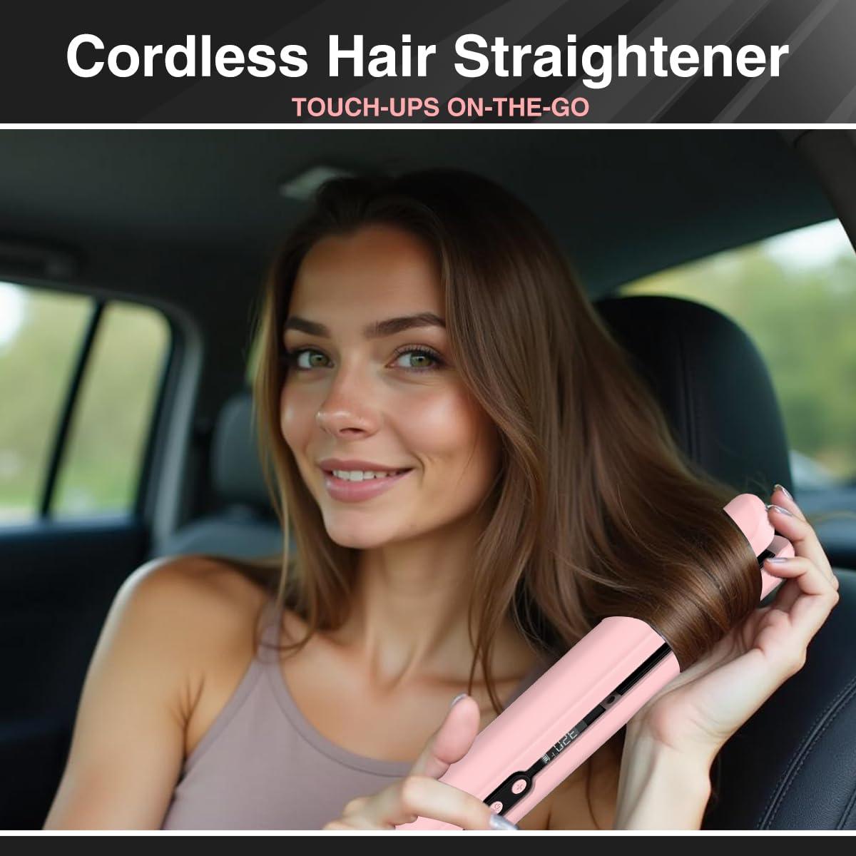 9600mAh Cordless Flat Iron Hair Straightener Rechargeable, Cordless Hair Straighteners for Women, Wireless Straightener for Car, 20 Million Negative Ions, LCD, 6 Adjustable Temp(Pink) - Image 2