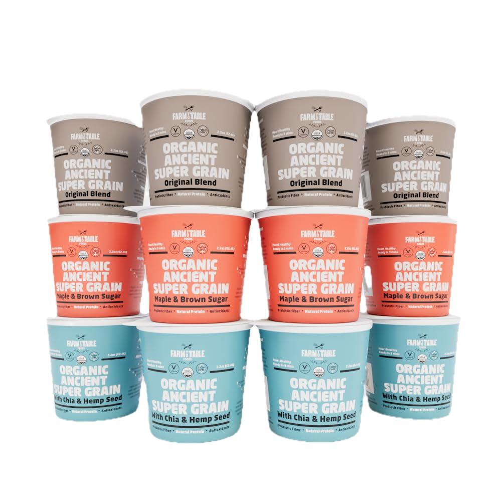 Farm to Table Foods Organic Ancient Super Grain Oatmeal Individual Serving Cups, Variety Pack - High Protein, Non-GMO, 12 Pack (2.2 oz. Cups)