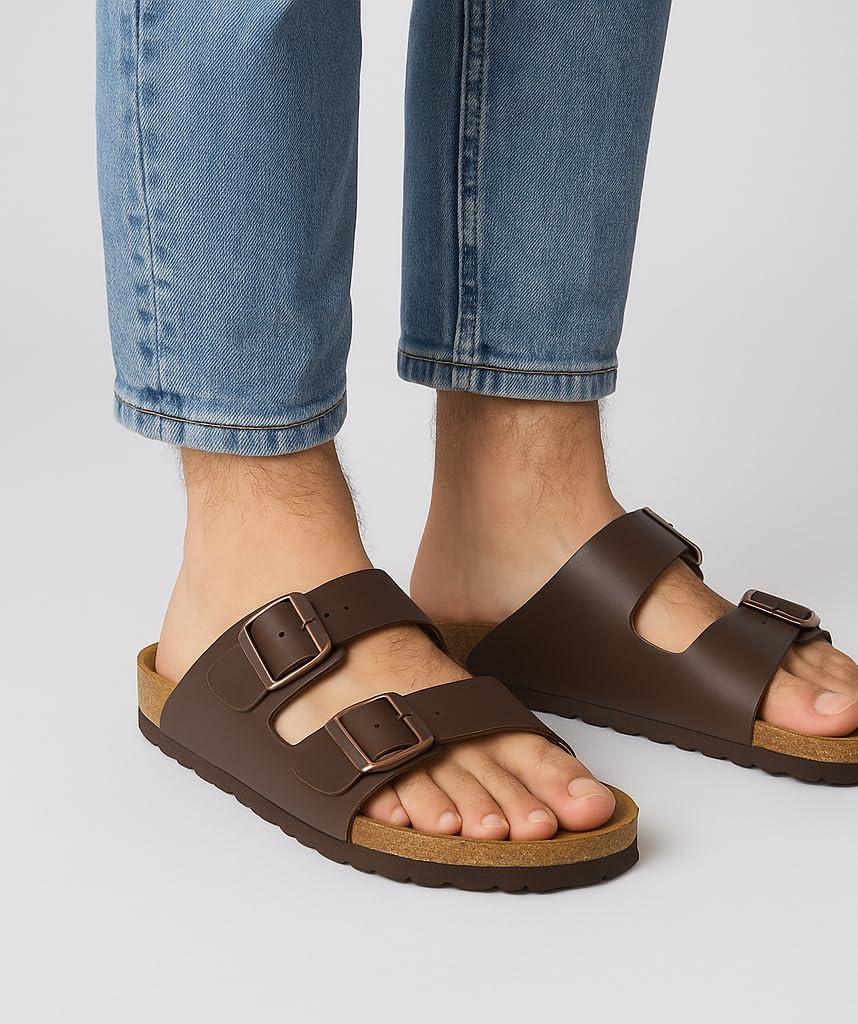 CUSHIONAIRE Lane Cork Footbed Mens Sandals, Adjustable Buckle Comfort Slides for Men, Genuine Leather Insole Summer Sandals Men Footwear - Image 7