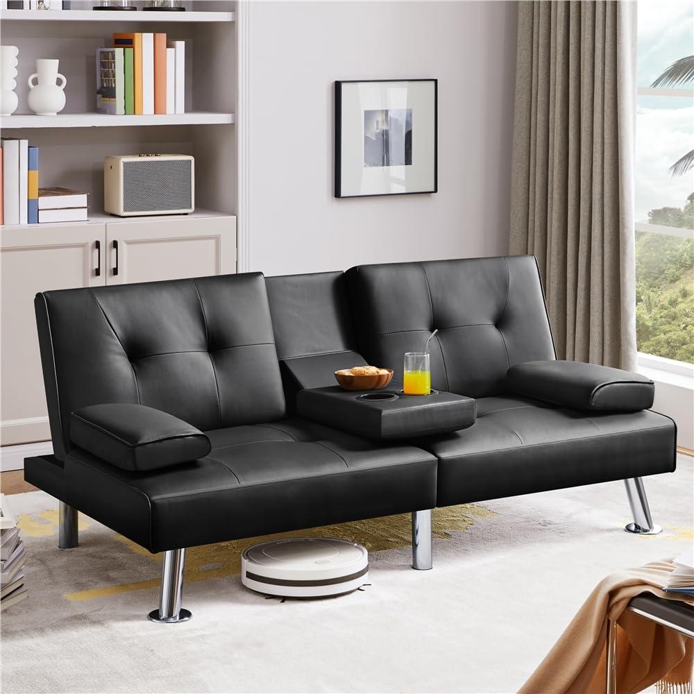 Yaheetech Convertible Sofa Bed Adjustable Couch Sleeper Modern Faux Leather Recliner Reversible Loveseat Folding Daybed Guest Bed, Removable Armrests, Cup Holders, 3 Angles, 772lb Capacity, Black - Image 2