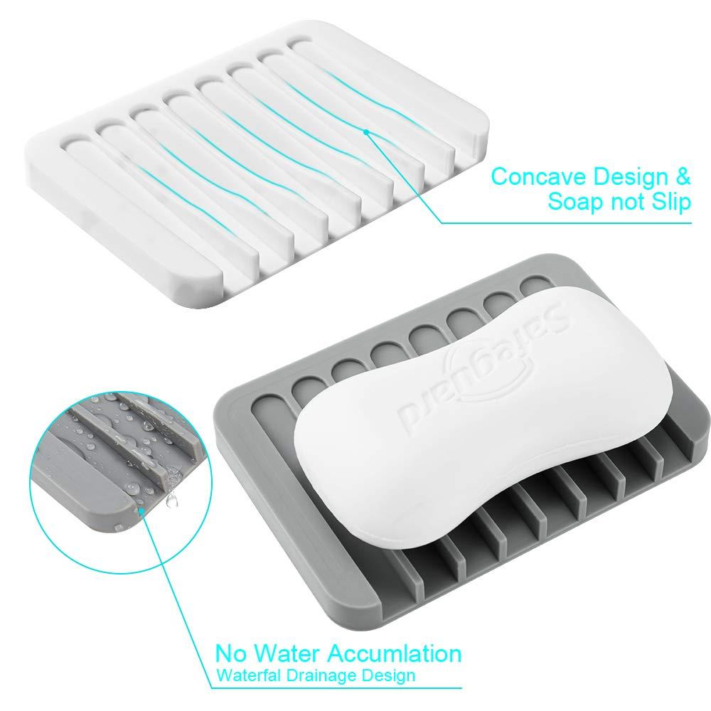 2PCS Soap Dish Holder, Premium Silicone Soap Dishes for Shower Bathroom Kitchen Sinks， Soap Tray Saver Drainer, Self-draining Waterfall, Non-Slip Design, Easy Cleaning (Gray) - Image 3